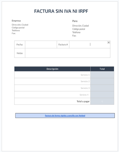 Factura sin IVA ni IRPF