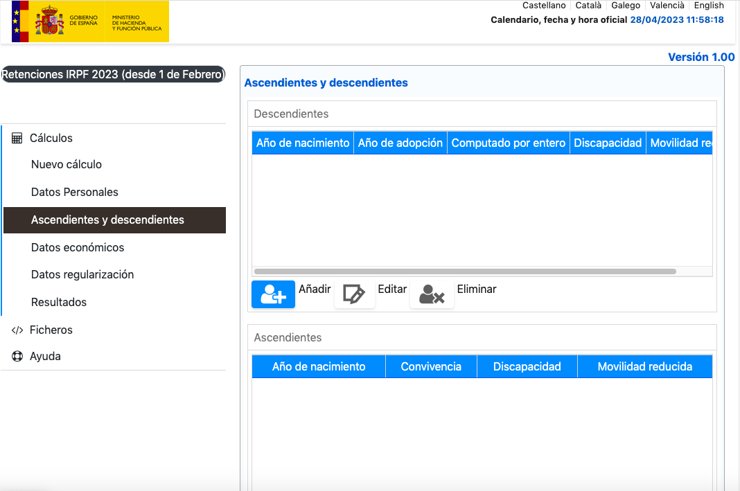 Calculadora IRPF - Ascendientes y descendientes
