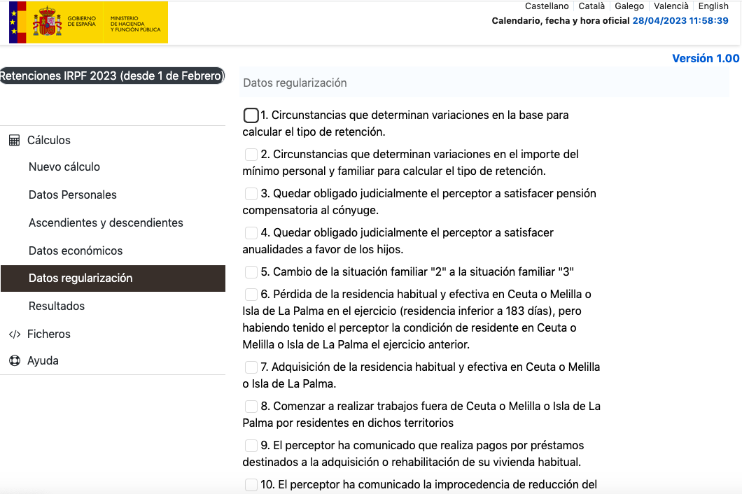 Calculadora IRPF - Datos regularización