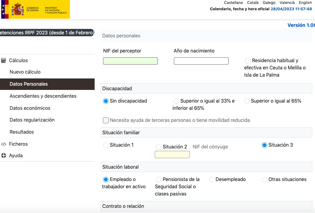 Calculadora IRPF - Datos personales