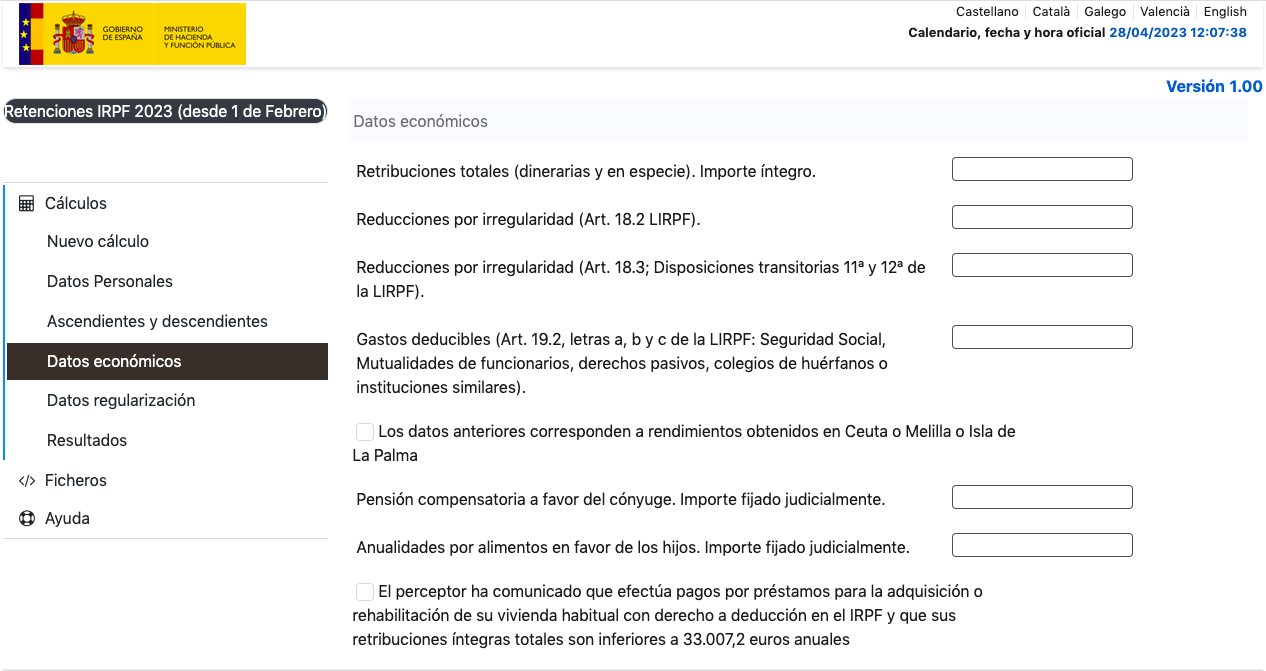 Calculadora IRPF - Datos económicos