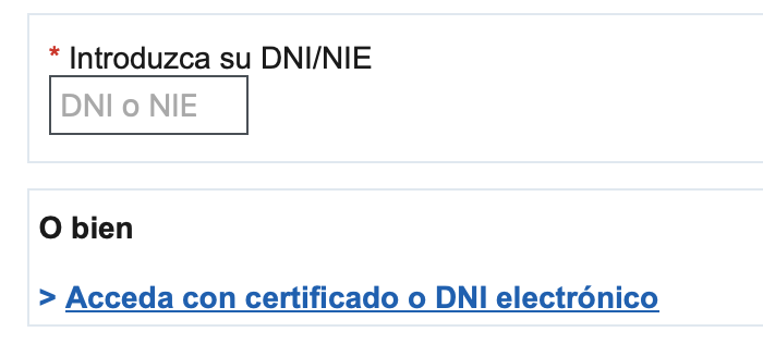 Captura de pantalla de la web de la Agencia Tributaria donde debes introducir tu NIE o DNI para identificarte.