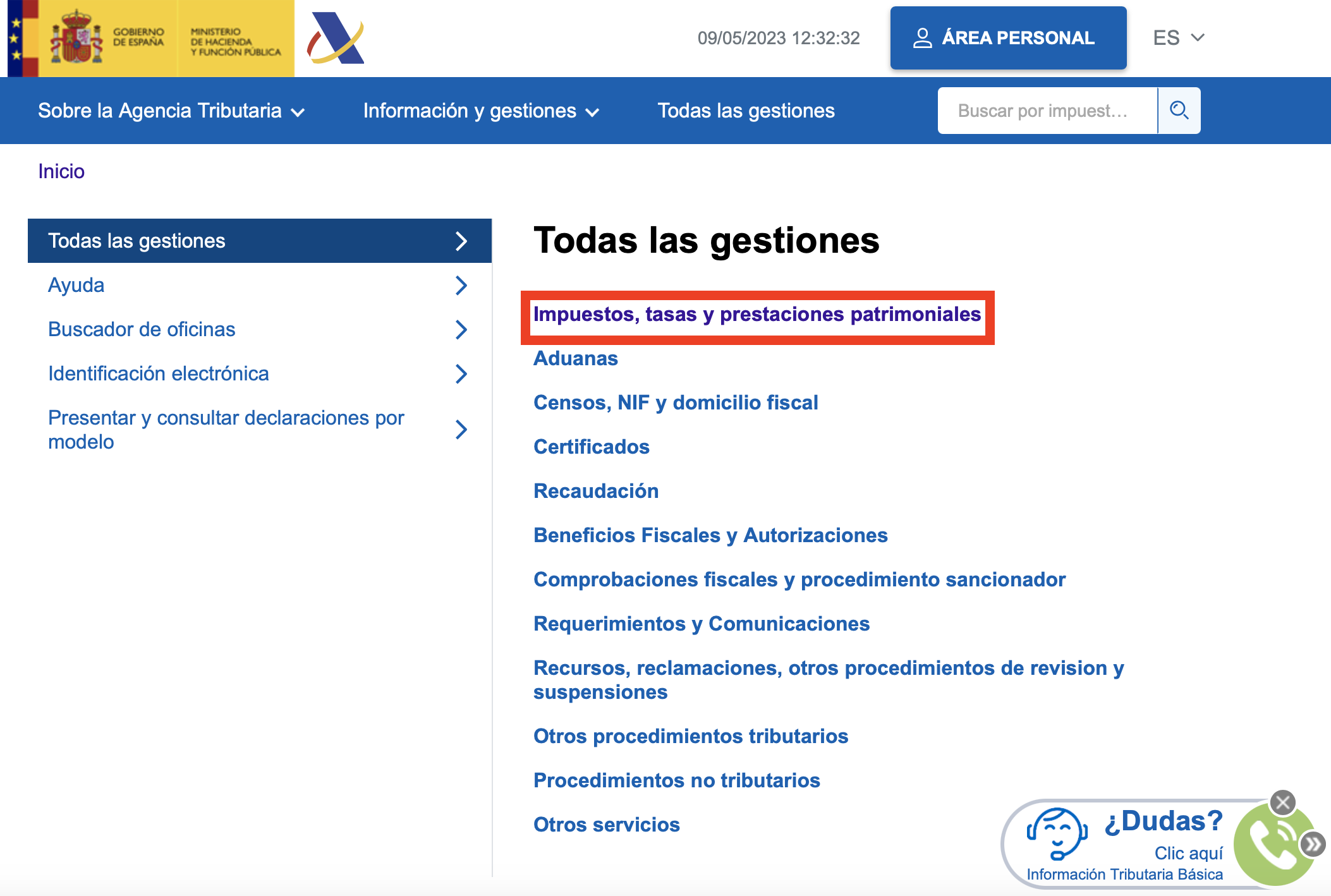 Captura de pantalla de la web de la Agencia Tributaria donde puedes revisar los impuestos, tasas y prestaciones.