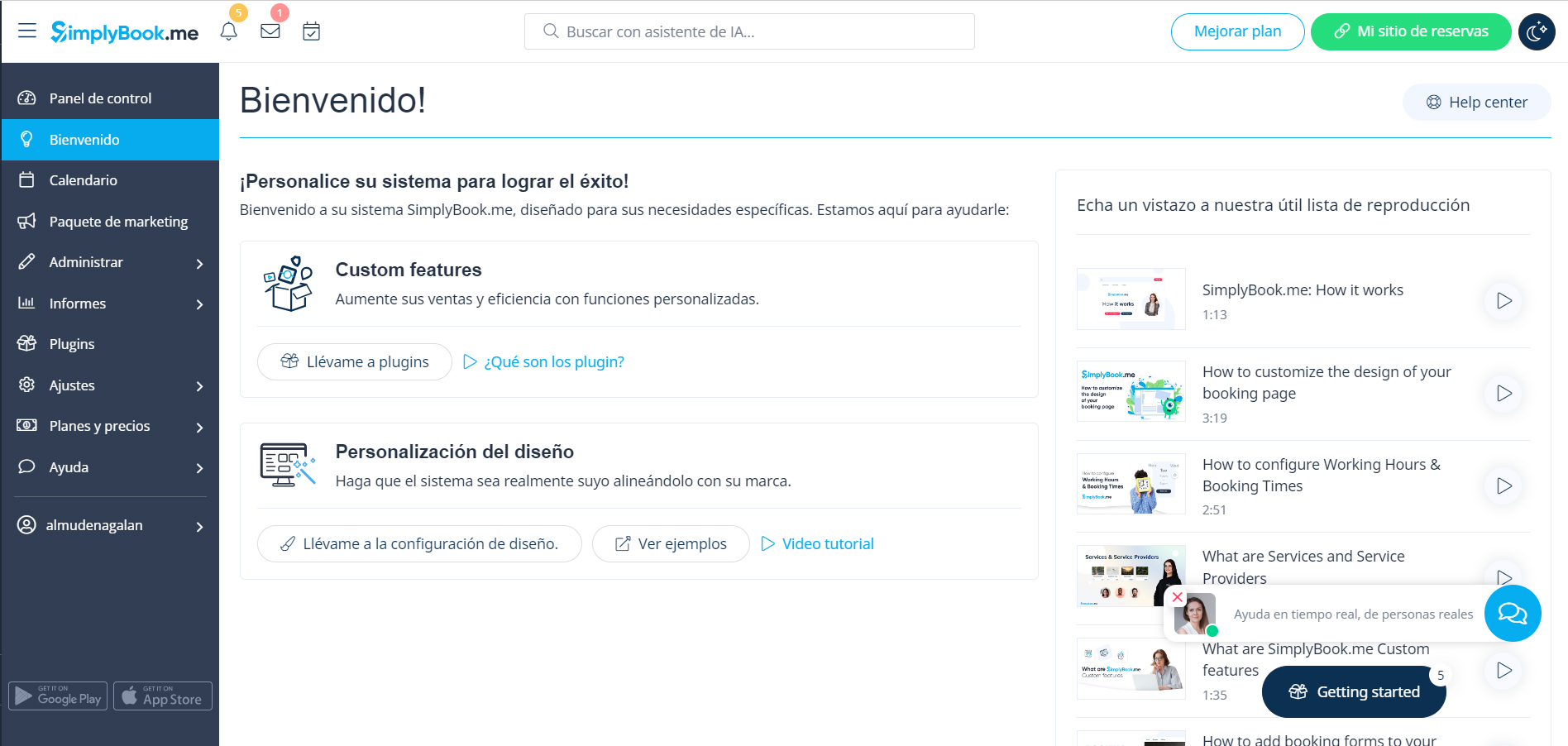 dashboard de SimplyBook.me