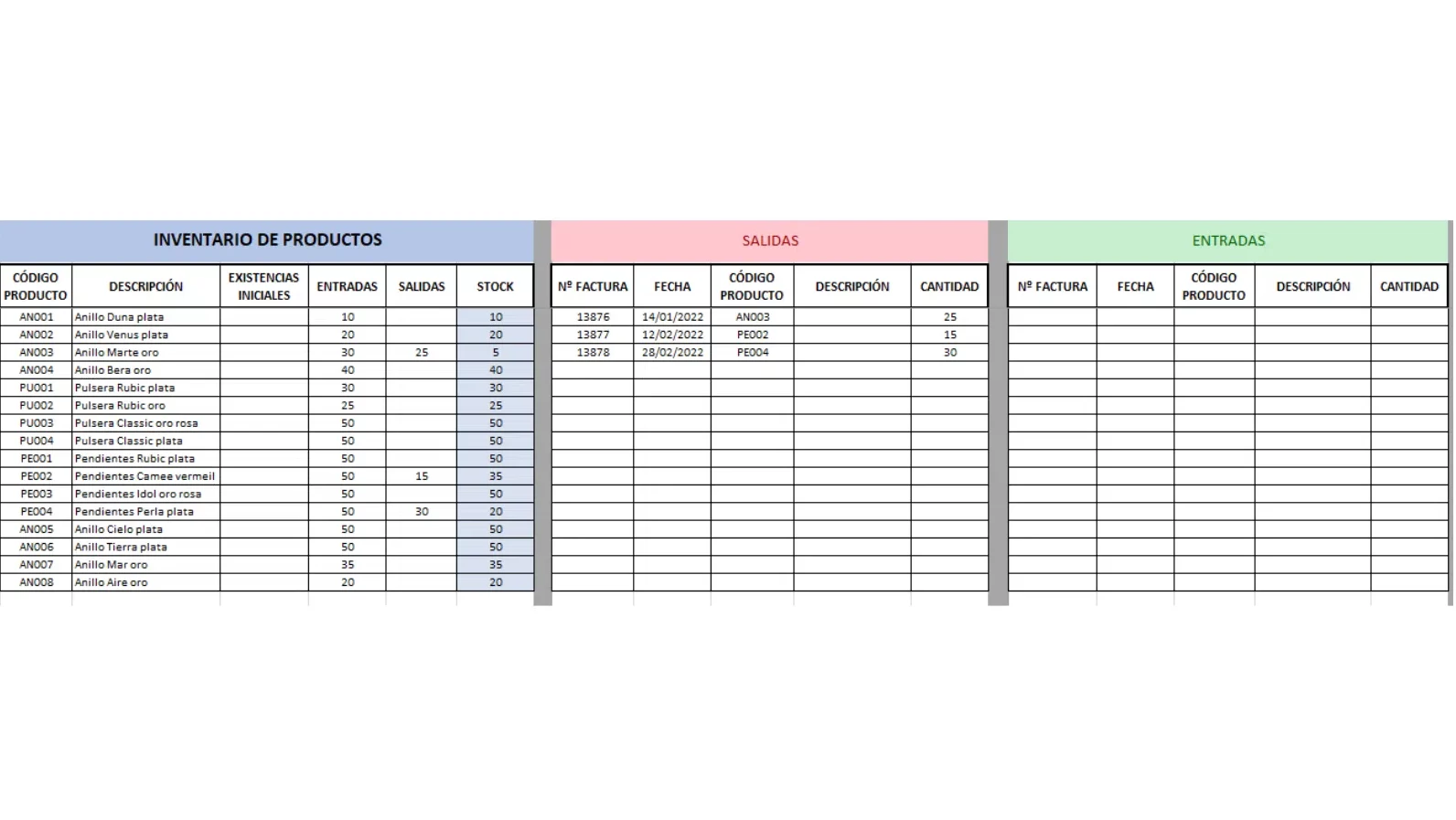 Plantilla de inventario con entradas y salidas de productos