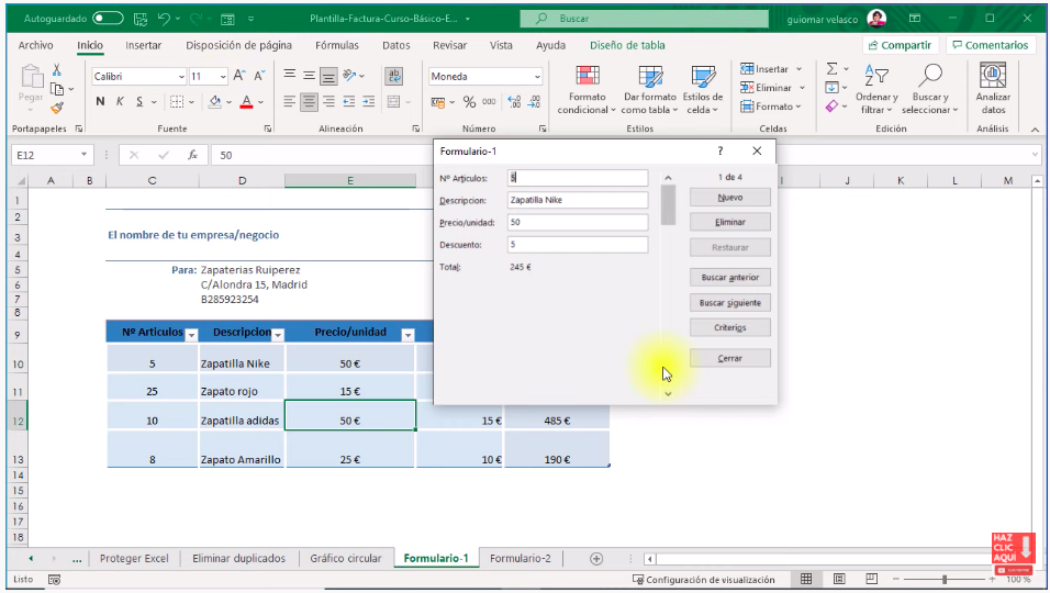 formulario de datos en excel
