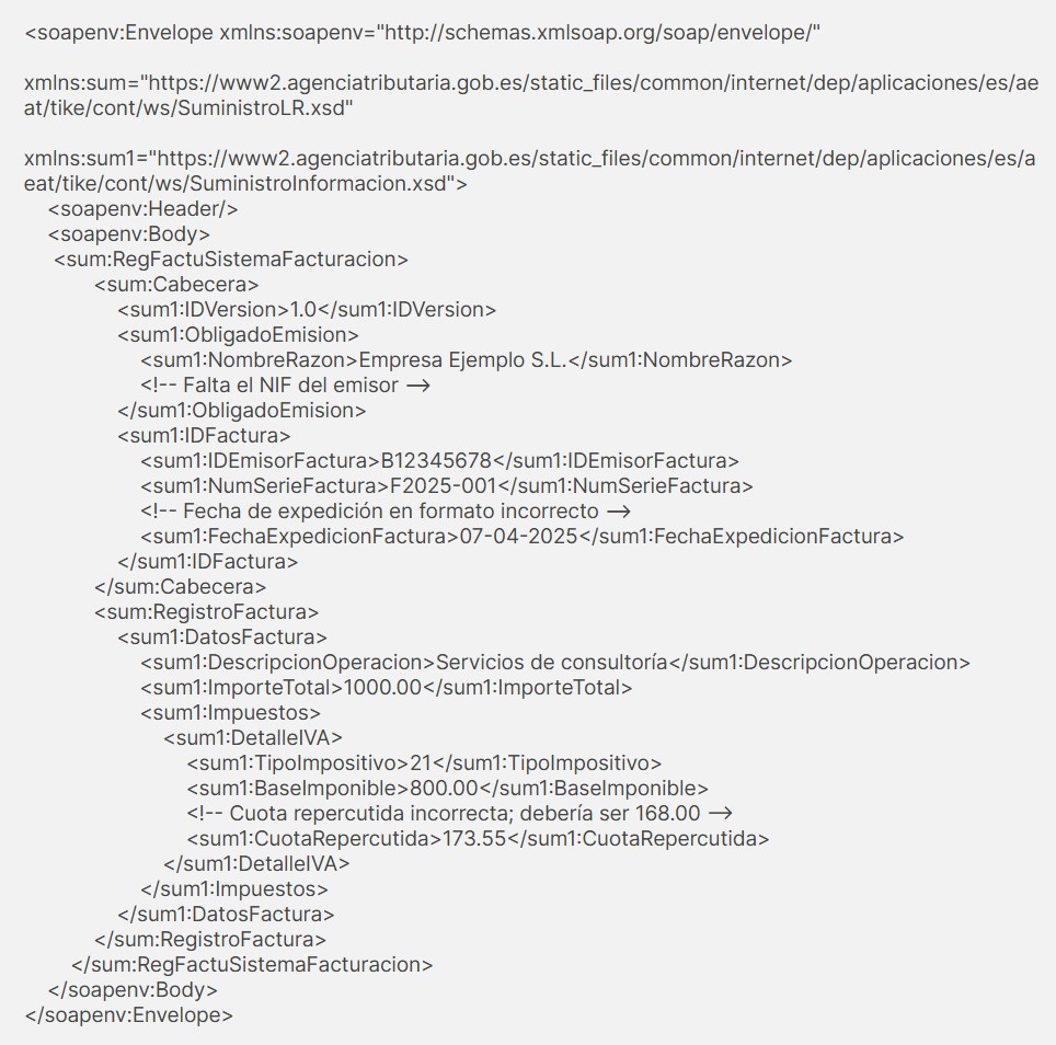 ejemplo de errores en el xml de verifactu