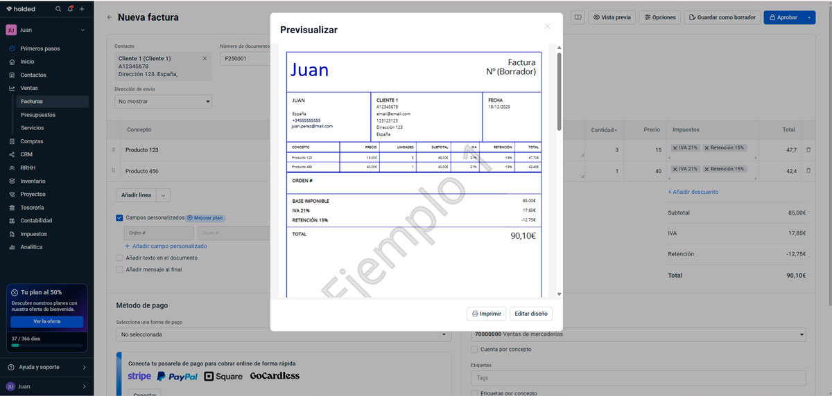 visualizacion previa de la factura