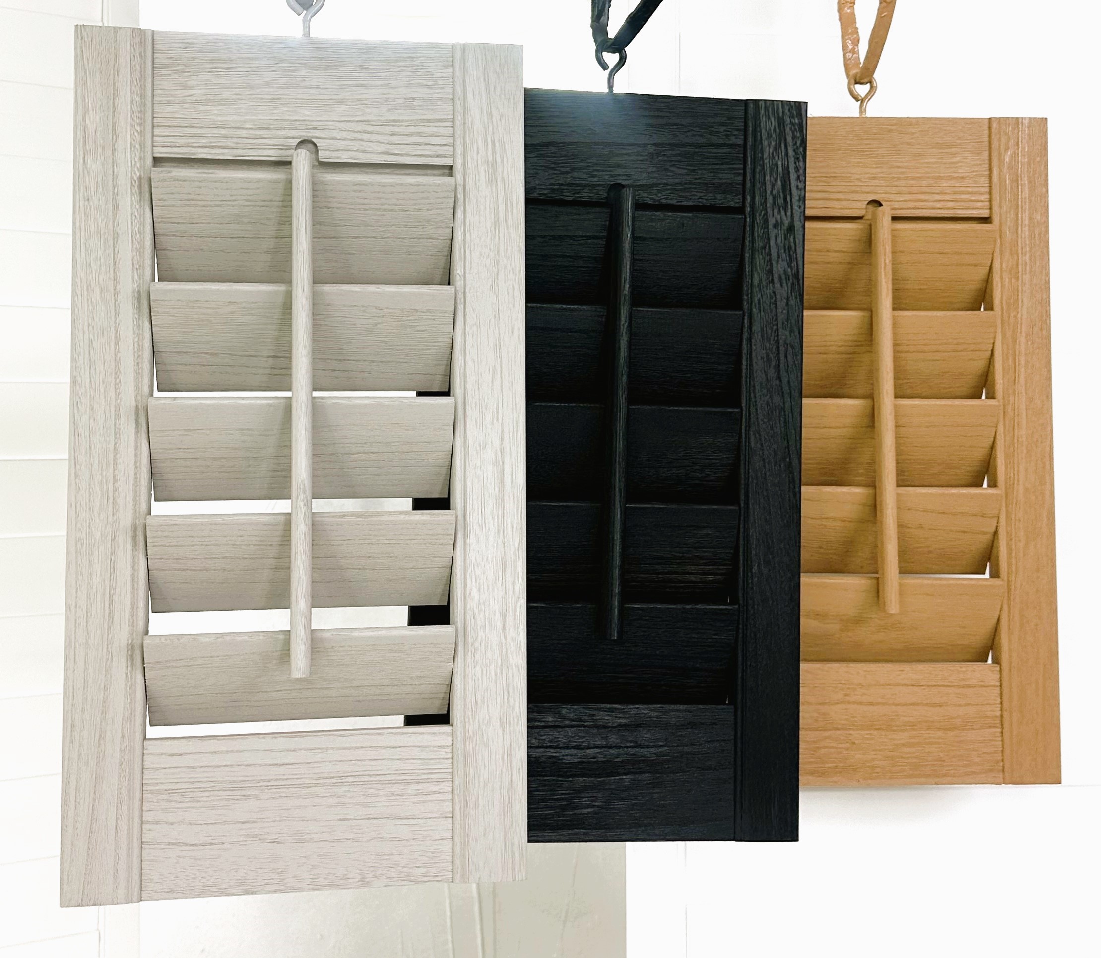 Driftwood finish wood plantation shutters by RS Shutter Manufacturing