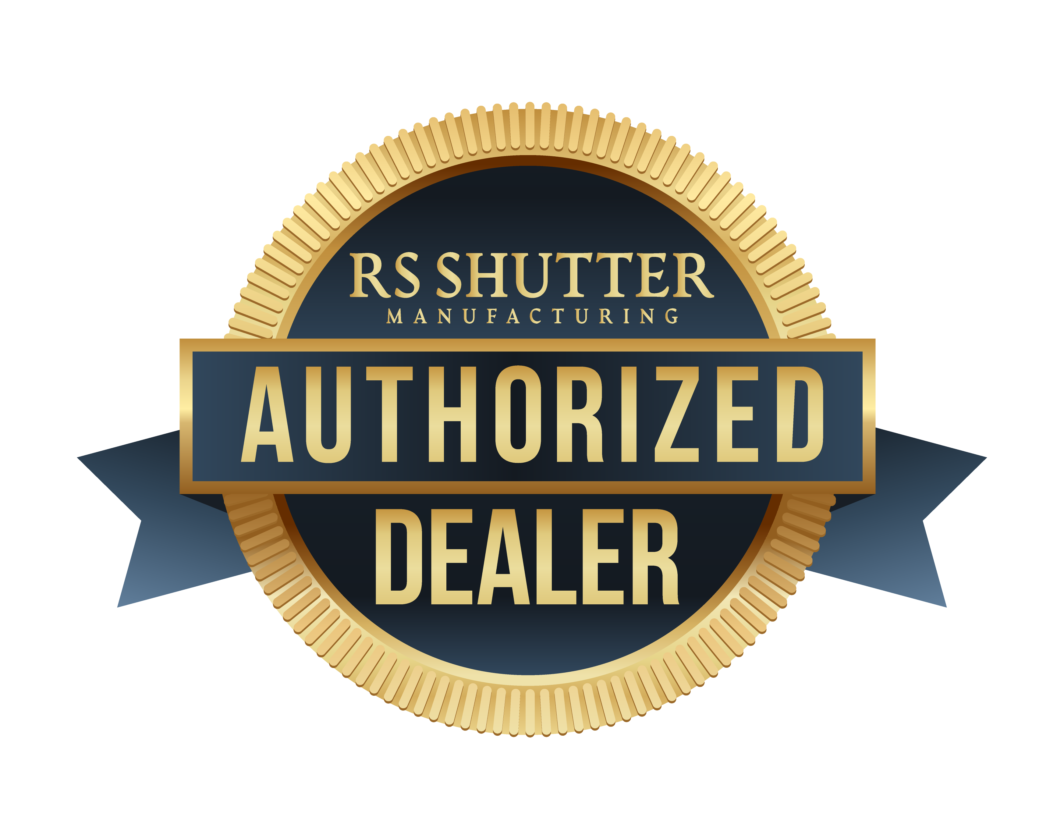 RS Shutter Manufacturing Authorized Dealer badge in gold and navy