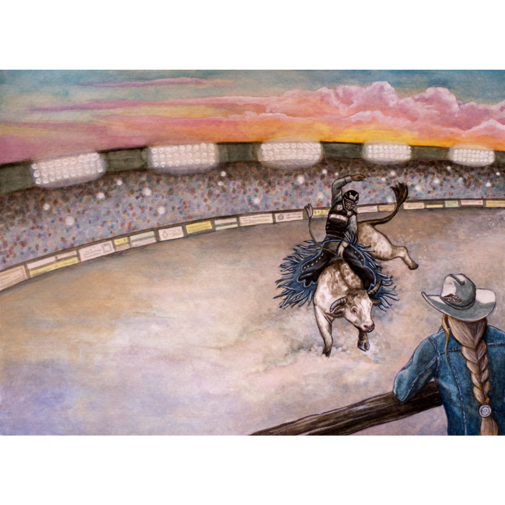 a painting of a man riding a bull with a woman watching from the fence