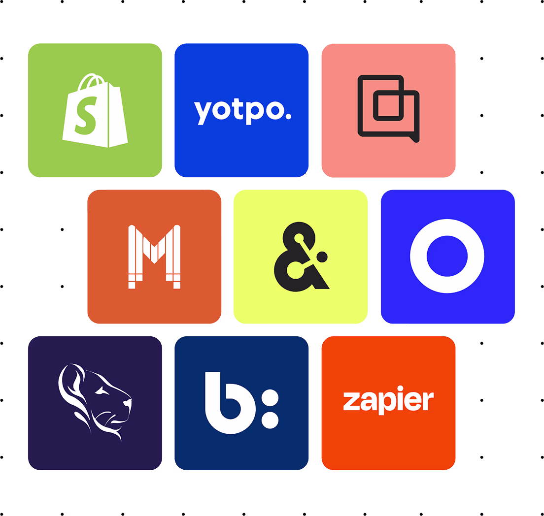 a grid of partner logos that feature Shopify, Yotpo, zapier, and others.