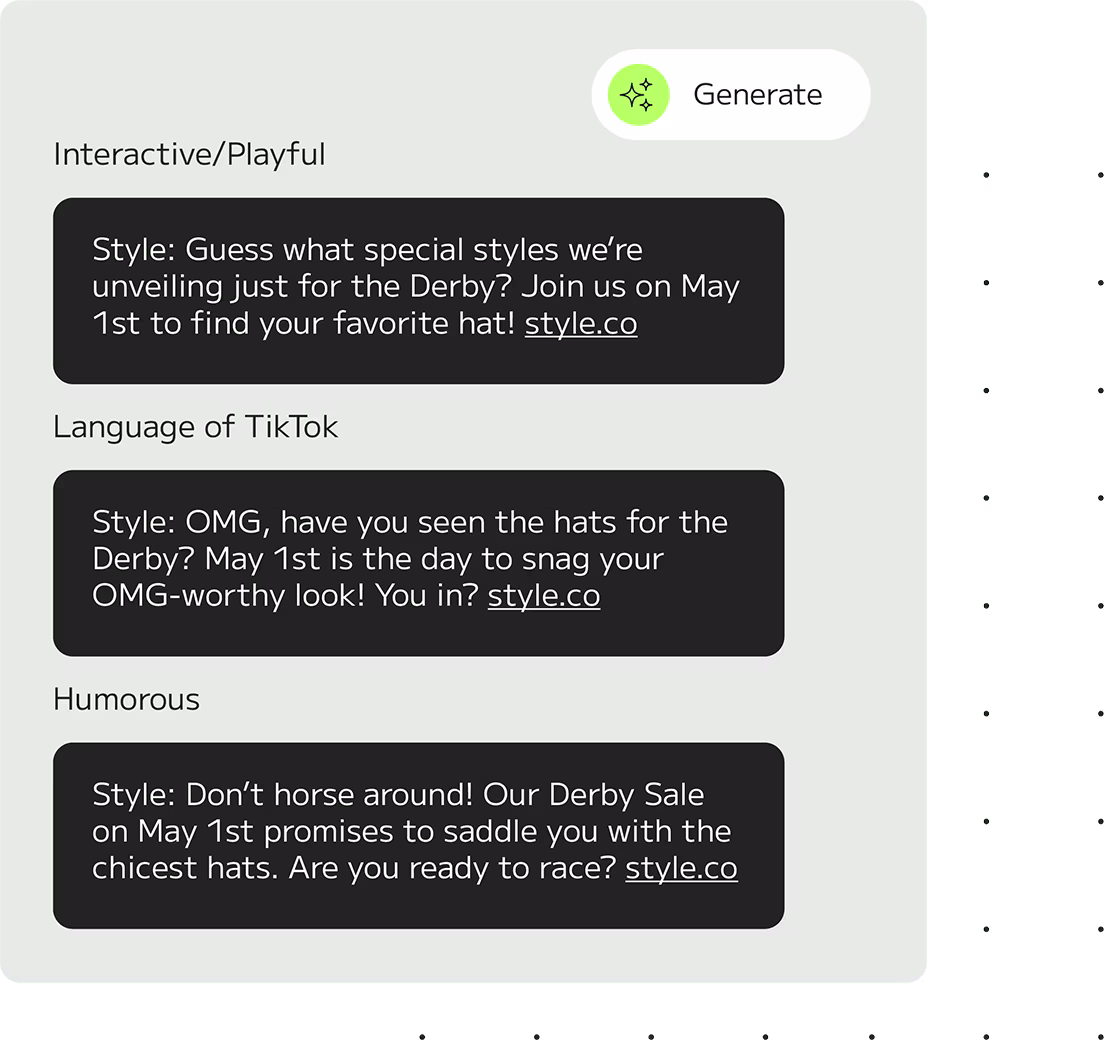 AI text message options that depict possible messages depending on the tone the business wants to send.