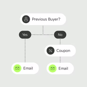 a previous buyer? email logic flow showing flows based off whether or not the customer purchased before.