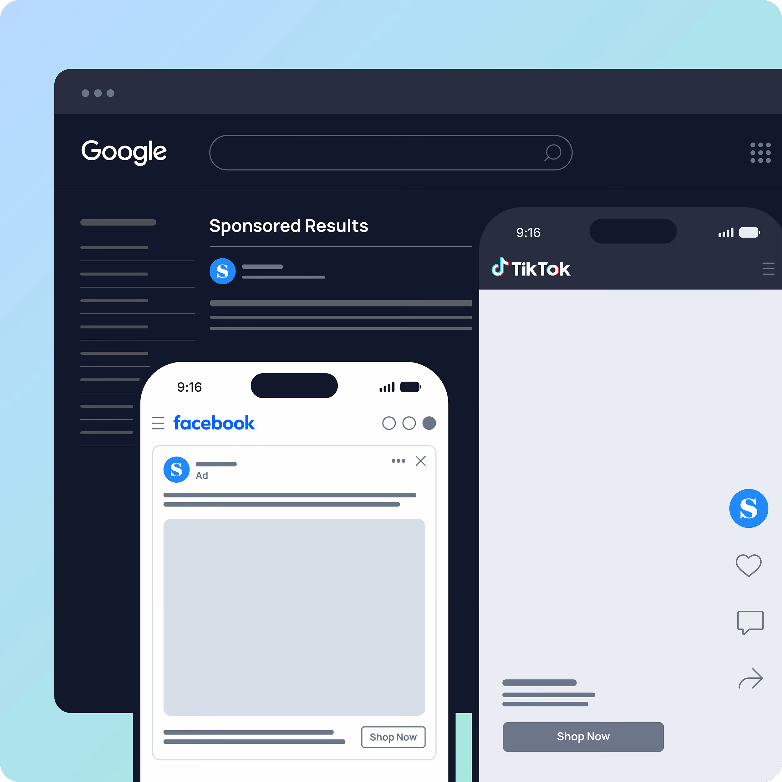 A computer browser open with Google as well as two mobile devices, one with facebook open and one with TikTok. 