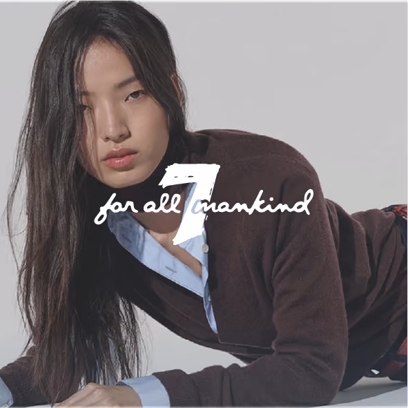 7 for all mankind logo on top of an image of a young woman wearing stylish clothing