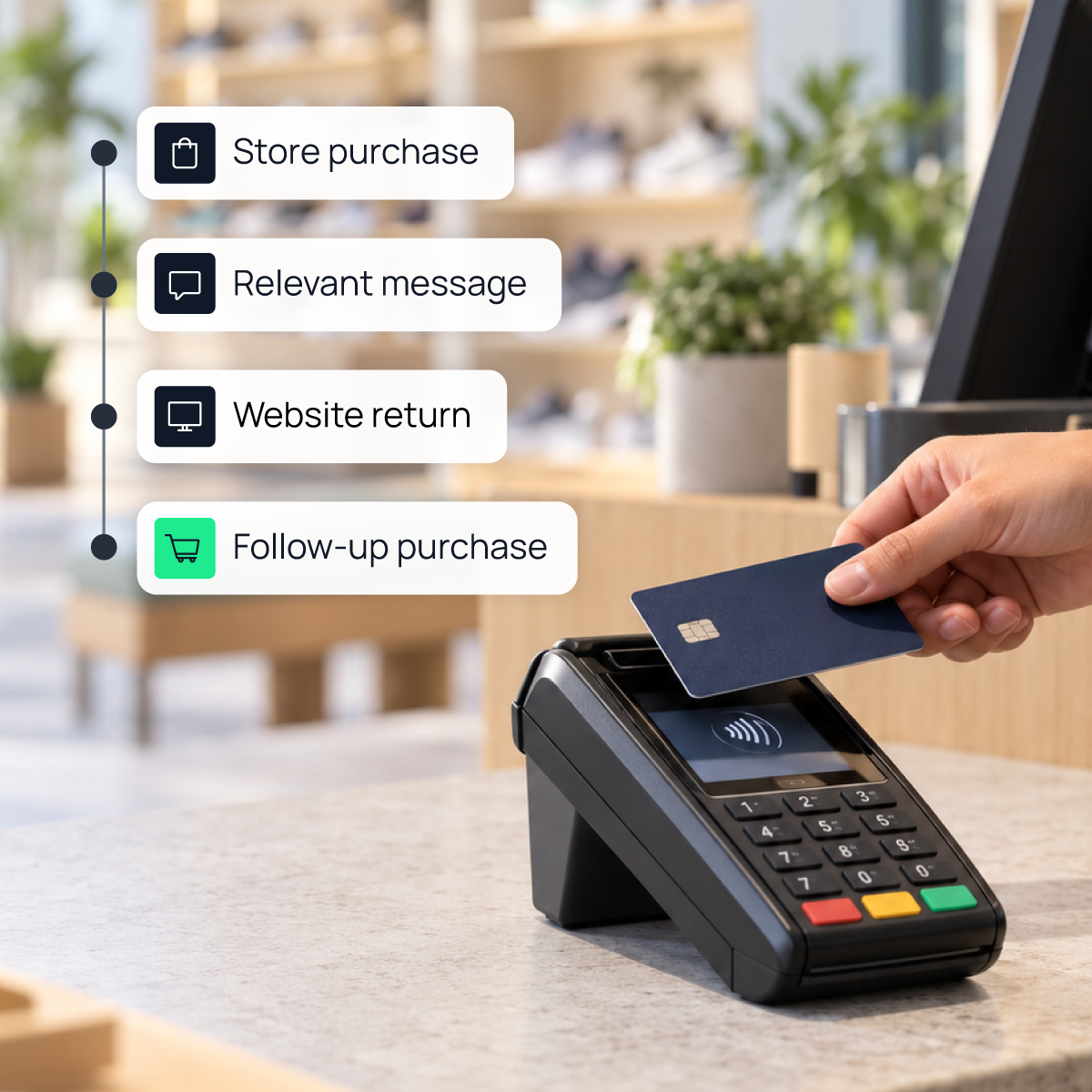 A shopper taps a card at a store checkout, with a journey showing store purchase, relevant message, website return, and follow-up purchase