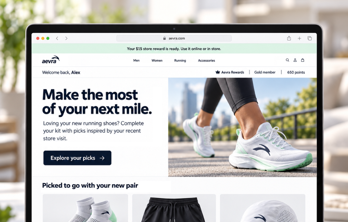 A retailer homepage personalized for a returning shopper, with a store reward banner, loyalty status, and picks based on a recent store purchase