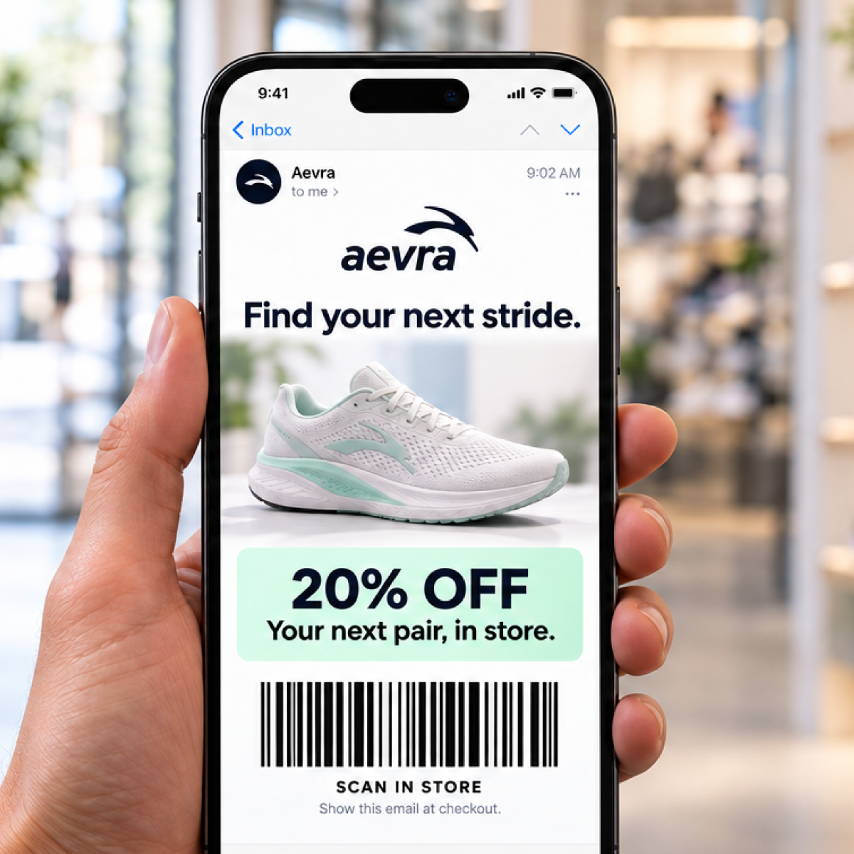 A phone in a store showing an email with a 20% off in-store offer and a scannable barcode