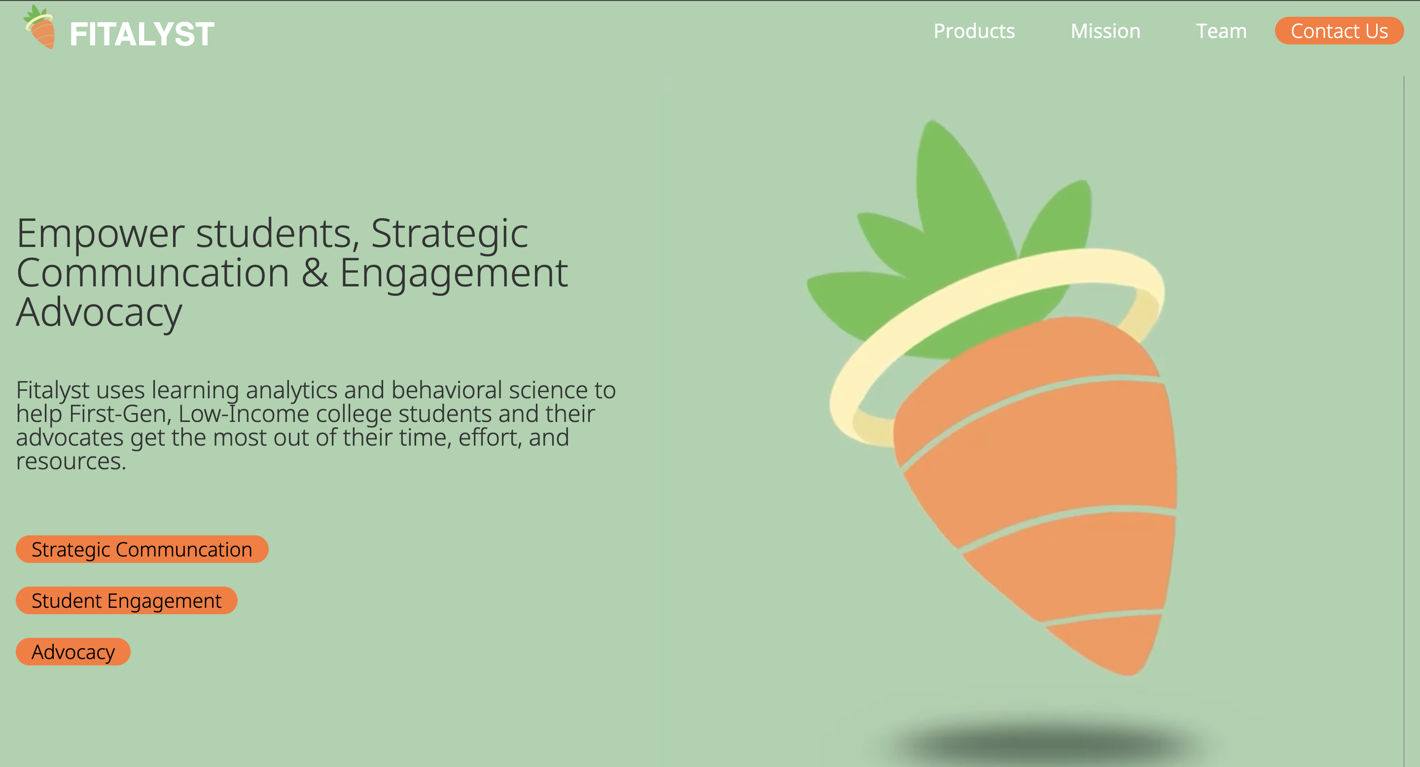 Website header with Fitalyst logo, navigation menu, and text about empowering students through strategic communication, engagement, and advocacy beside a stylized carrot with a halo.