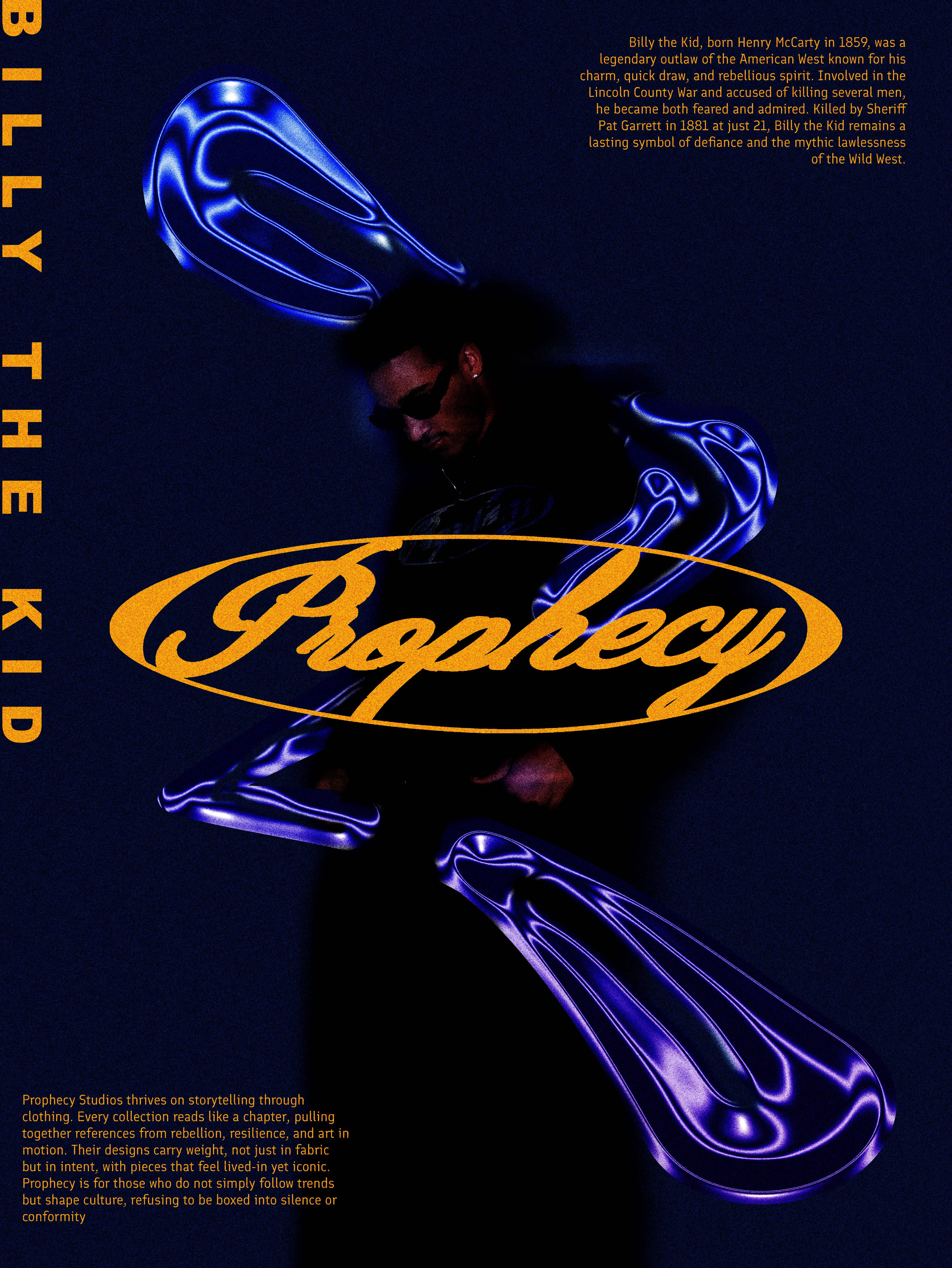 Dark-themed graphic with a man in sunglasses surrounded by blue, metallic abstract shapes and orange text about Billy the Kid and Prophecy Studios.