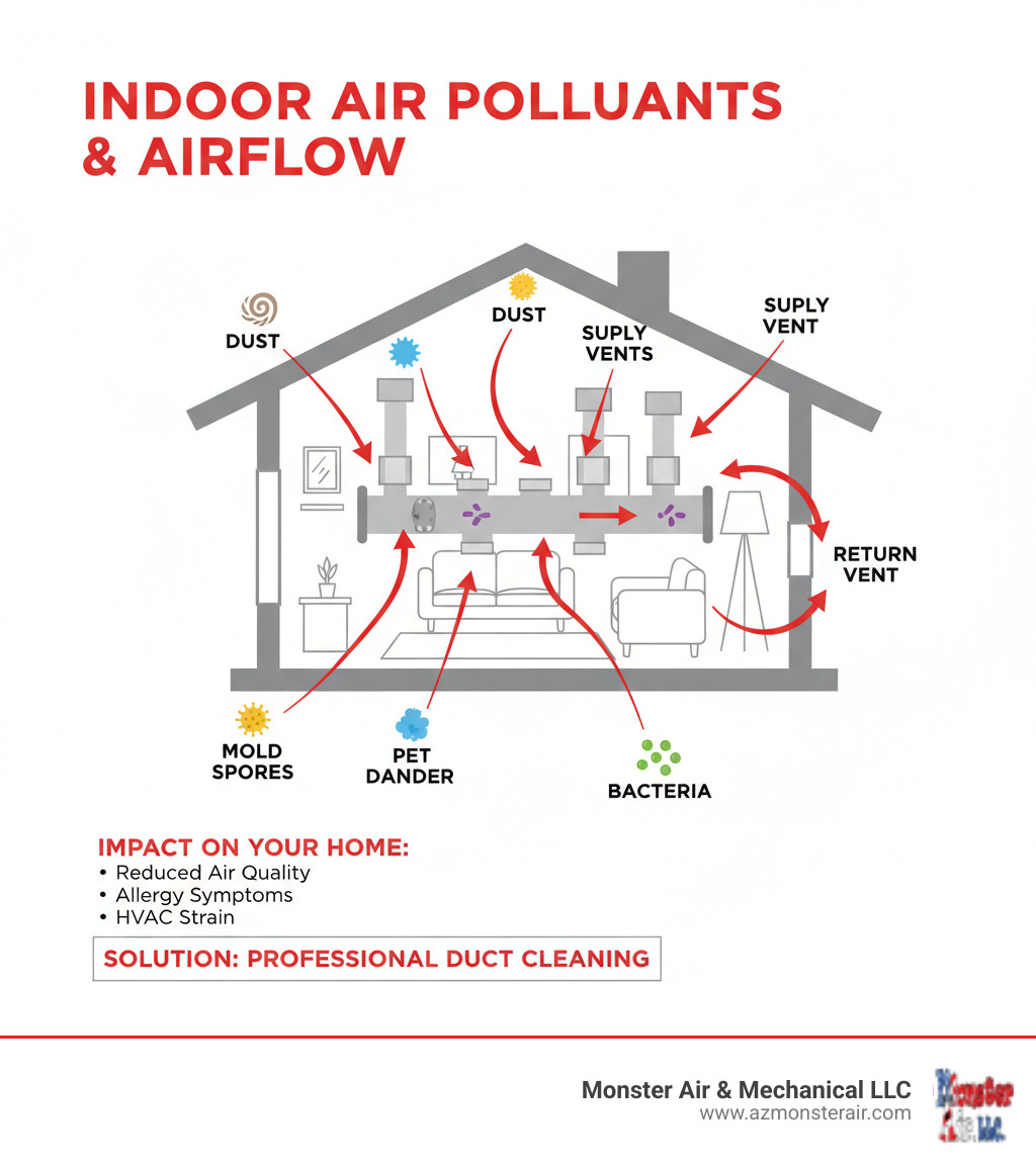 infographic showing how dust, pollen, pet dander, mold spores, and bacteria accumulate in ductwork and circulate through supply vents into living spaces, with arrows indicating airflow patterns and callouts identifying each contaminant type - indoor air quality duct cleaning avondale infographic infographic showing how dust, pollen, pet dander, mold spores, and bacteria accumulate in ductwork and circulate through supply vents into living spaces, with arrows indicating airflow patterns and callouts identifying each contaminant type - indoor air quality duct cleaning avondale infographic