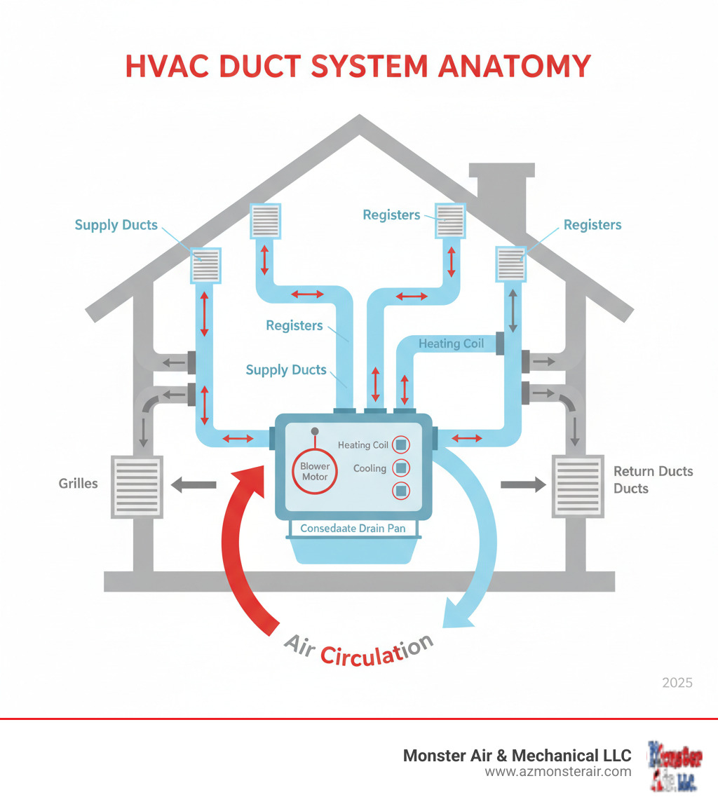 infographic showing the anatomy of an HVAC duct system with labeled components including supply ducts, return ducts, air handler, registers, grilles, blower motor, heating and cooling coils, and condensate drain pan, with arrows indicating air circulation patterns throughout a home - duct cleaning infographic 
