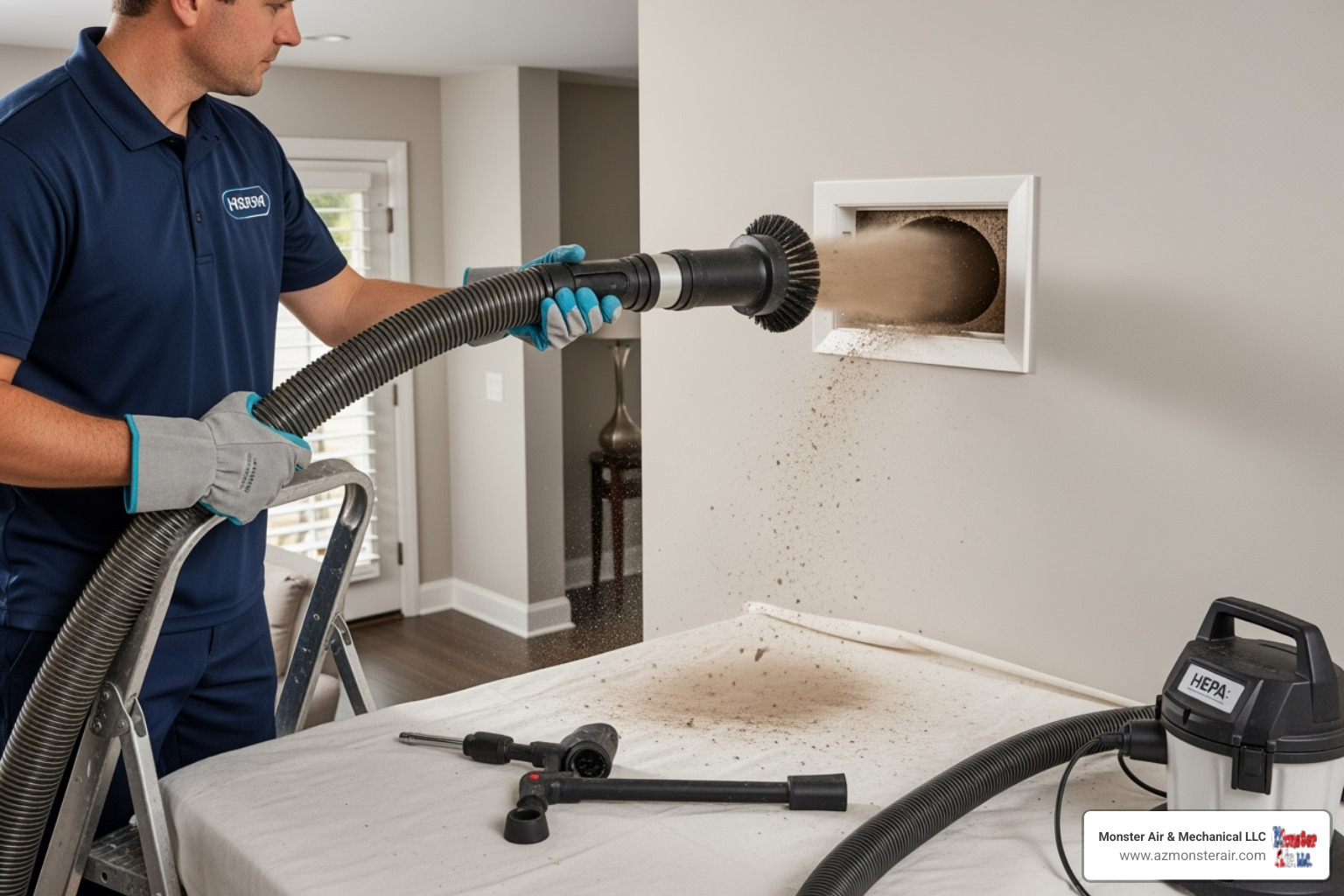 professional technician with a powerful vacuum hose at a vent - duct cleaning