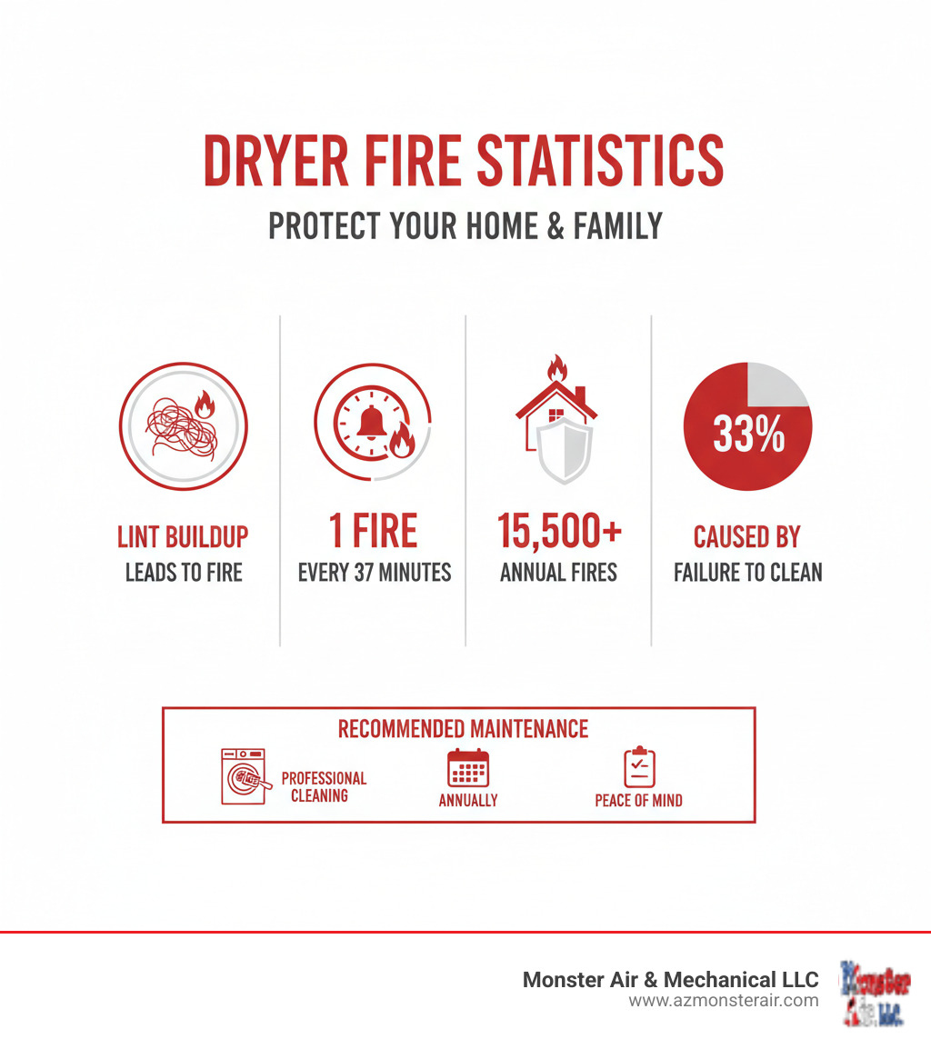 infographic showing dryer fire statistics with icons for lint buildup leading to fire, frequency of dryer fires every 37 minutes, annual statistics of 15500 fires, and percentage breakdown showing 33% caused by failure to clean, with visual representation of proper maintenance schedule - laundry duct cleaning near me infographic infographic showing dryer fire statistics with icons for lint buildup leading to fire, frequency of dryer fires every 37 minutes, annual statistics of 15500 fires, and percentage breakdown showing 33% caused by failure to clean, with visual representation of proper maintenance schedule - laundry duct cleaning near me infographic