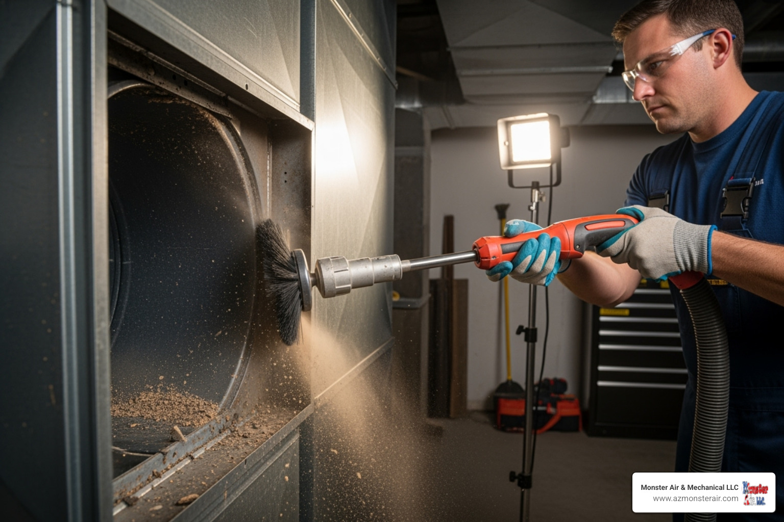 Technician using a rotary brush inside a duct - residential duct cleaning phoenix