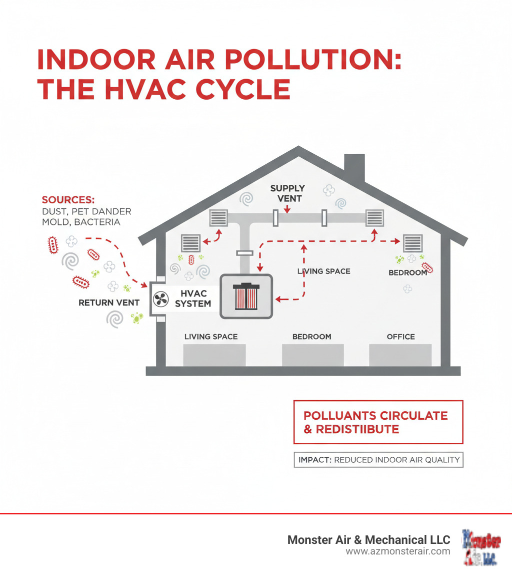 Infographic showing how indoor air pollutants like dust, pet dander, mold spores, and bacteria circulate through a home's HVAC ductwork system and get distributed to living spaces through supply vents, with arrows indicating airflow direction and contamination sources - air duct cleaning and sanitizing infographic 