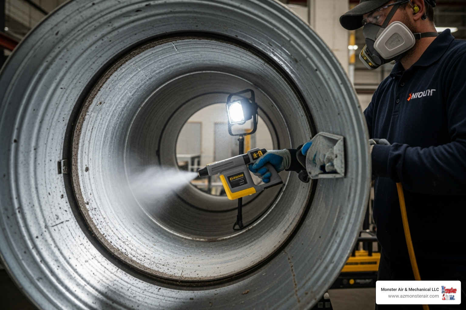 Professional technician using a fogging tool inside an air duct opening - air duct sanitizing