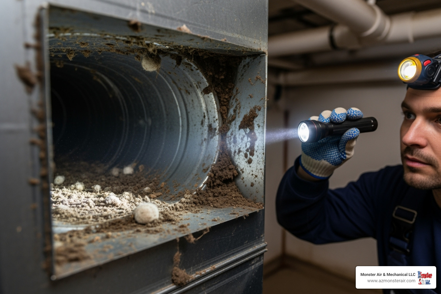 technician inspecting dirty duct - ac duct cleaning company