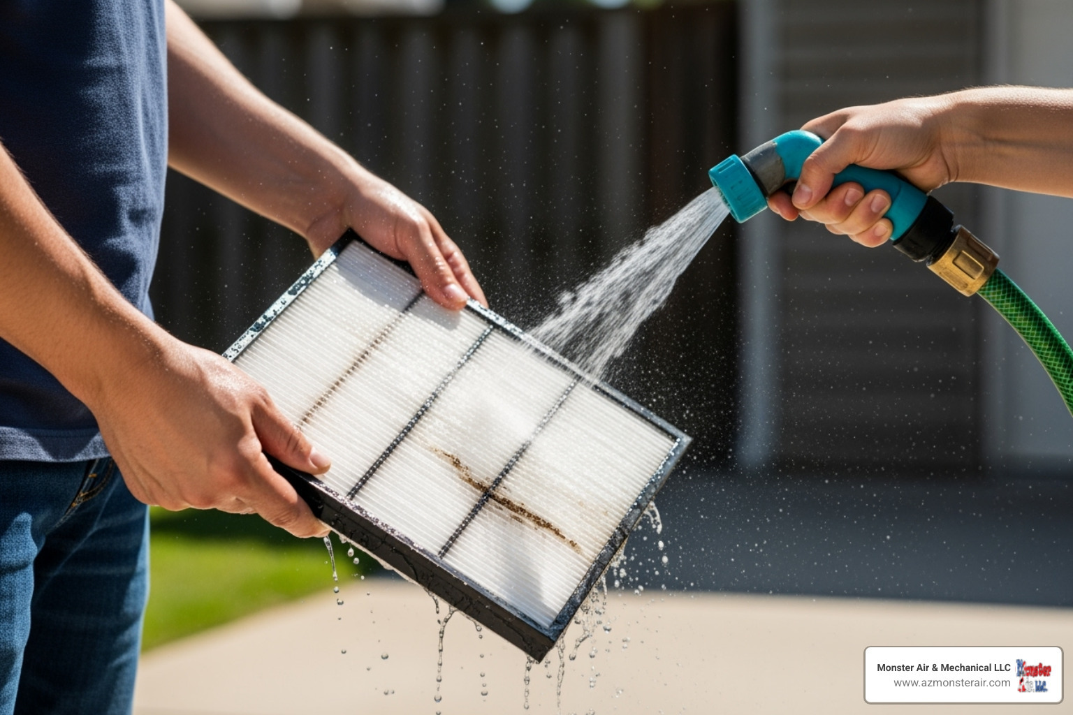 Person gently hosing down a washable filter outdoors - ducted air conditioner filter Person gently hosing down a washable filter outdoors - ducted air conditioner filter