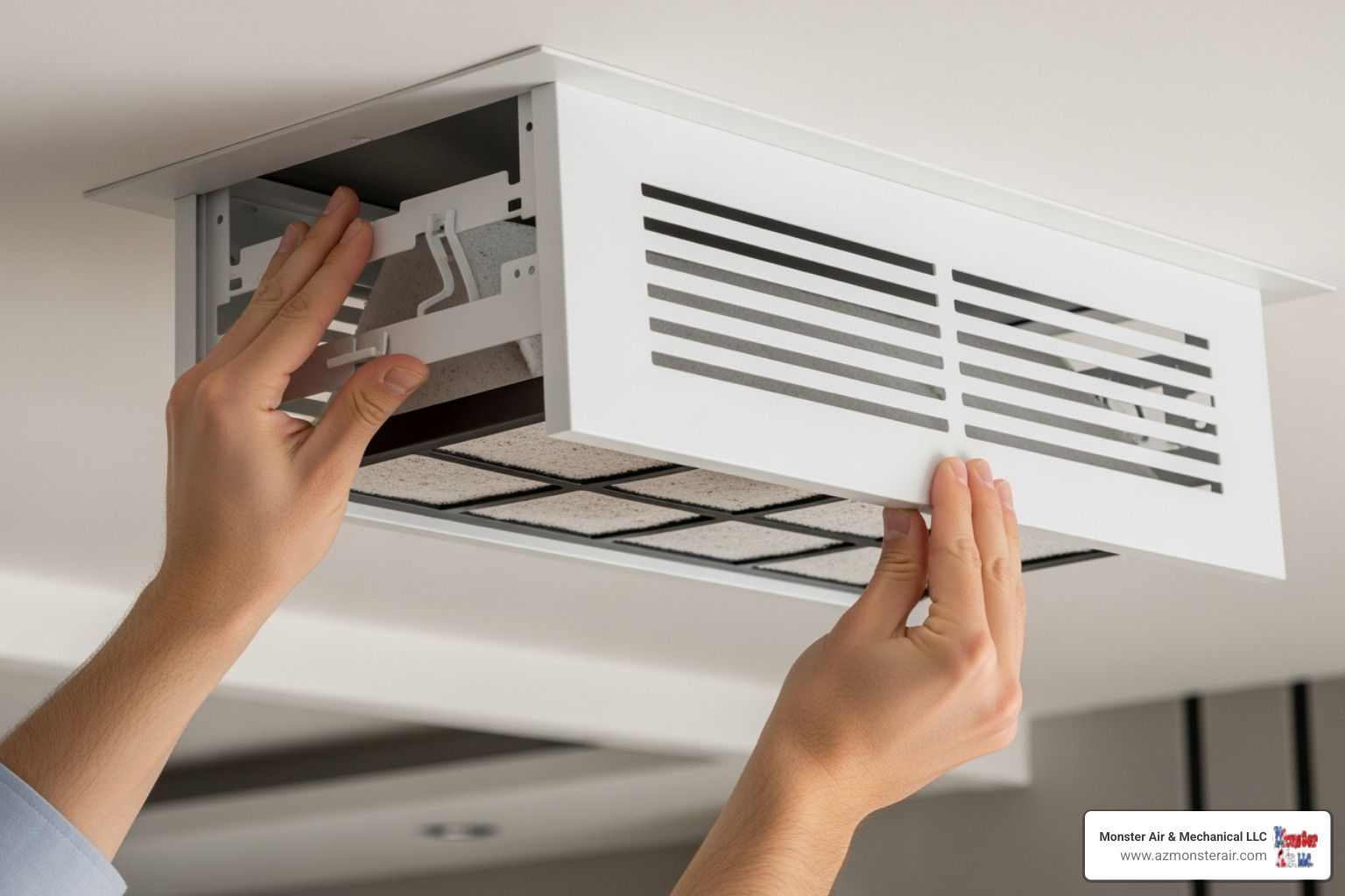 Person opening a return air grille in a ceiling or wall - ducted air conditioner filter Person opening a return air grille in a ceiling or wall - ducted air conditioner filter
