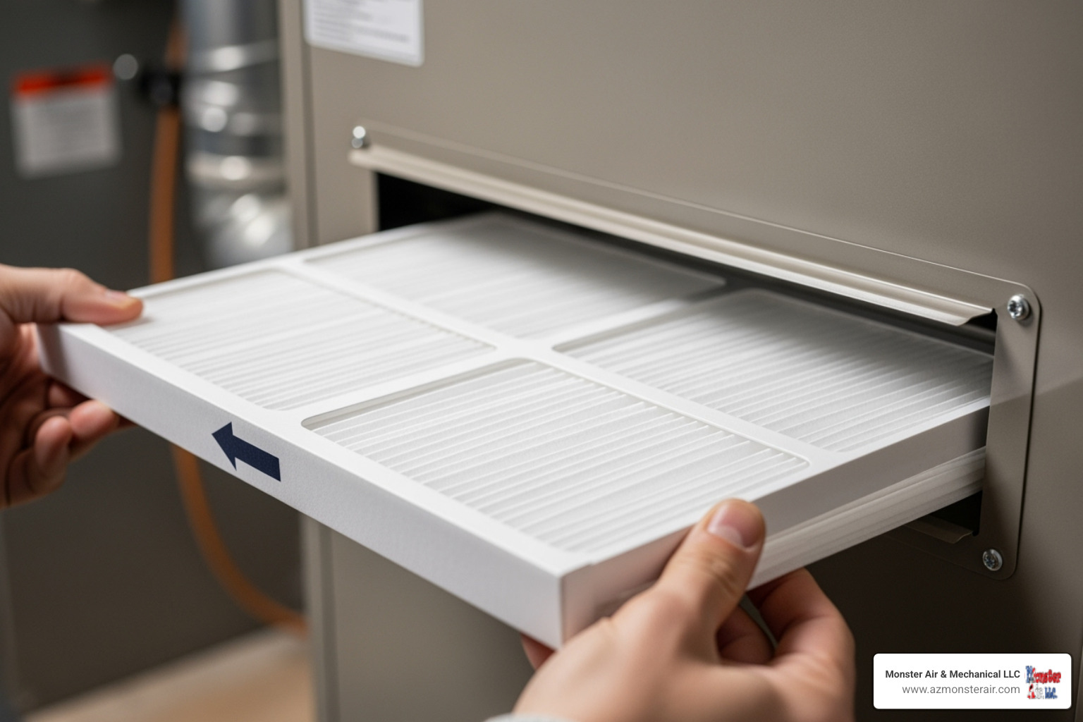 Person sliding a new, clean disposable filter into the filter slot - ducted air conditioner filter Person sliding a new, clean disposable filter into the filter slot - ducted air conditioner filter