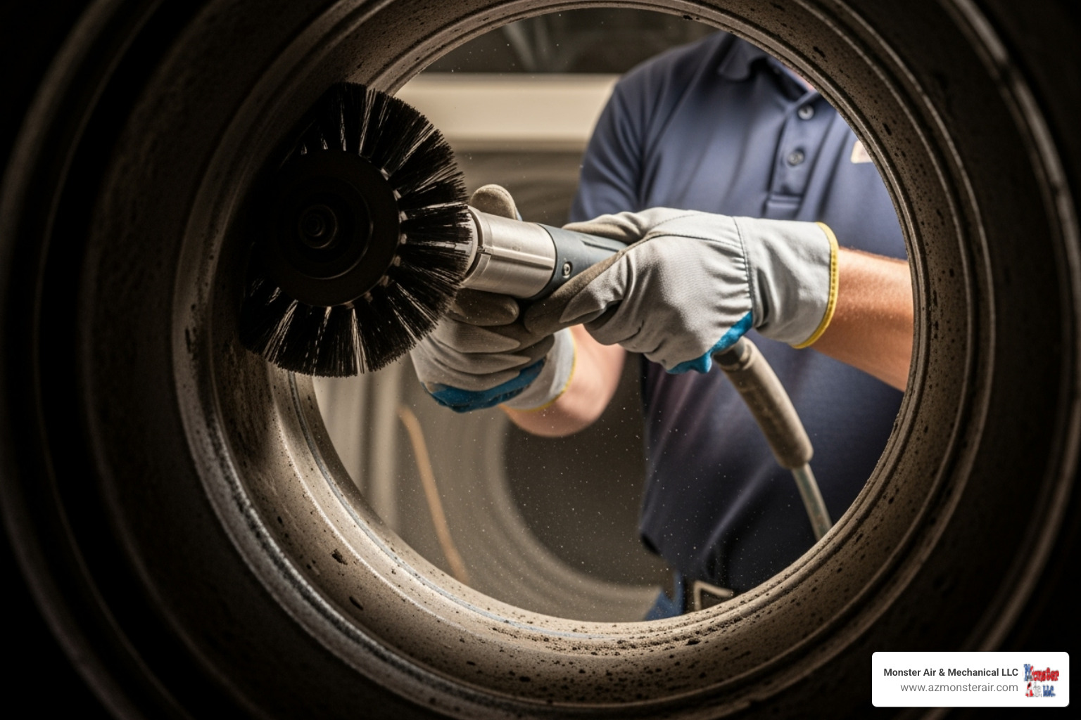 technician using rotary brush inside air duct - air duct cleaning companies