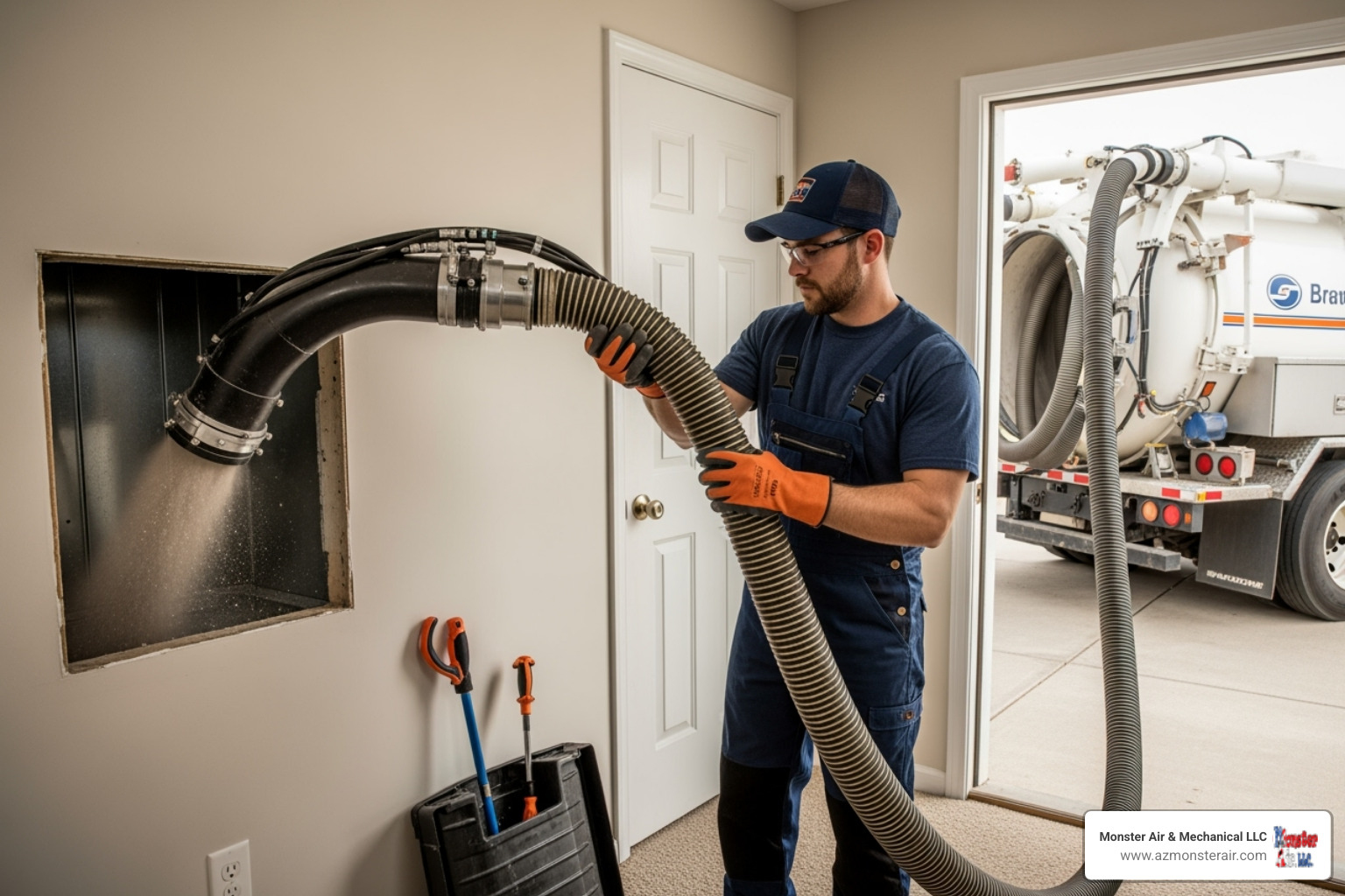 professional technician using a powerful, truck-mounted vacuum system - hvac ductwork cleaning professional technician using a powerful, truck-mounted vacuum system - hvac ductwork cleaning
