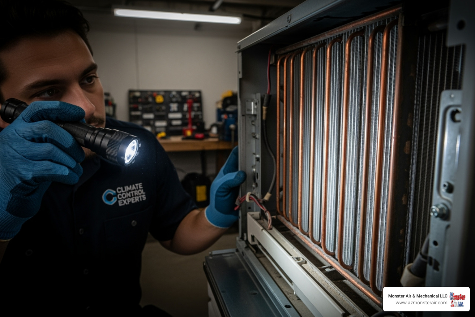 technician inspecting an HVAC coil - hvac ductwork cleaning technician inspecting an HVAC coil - hvac ductwork cleaning
