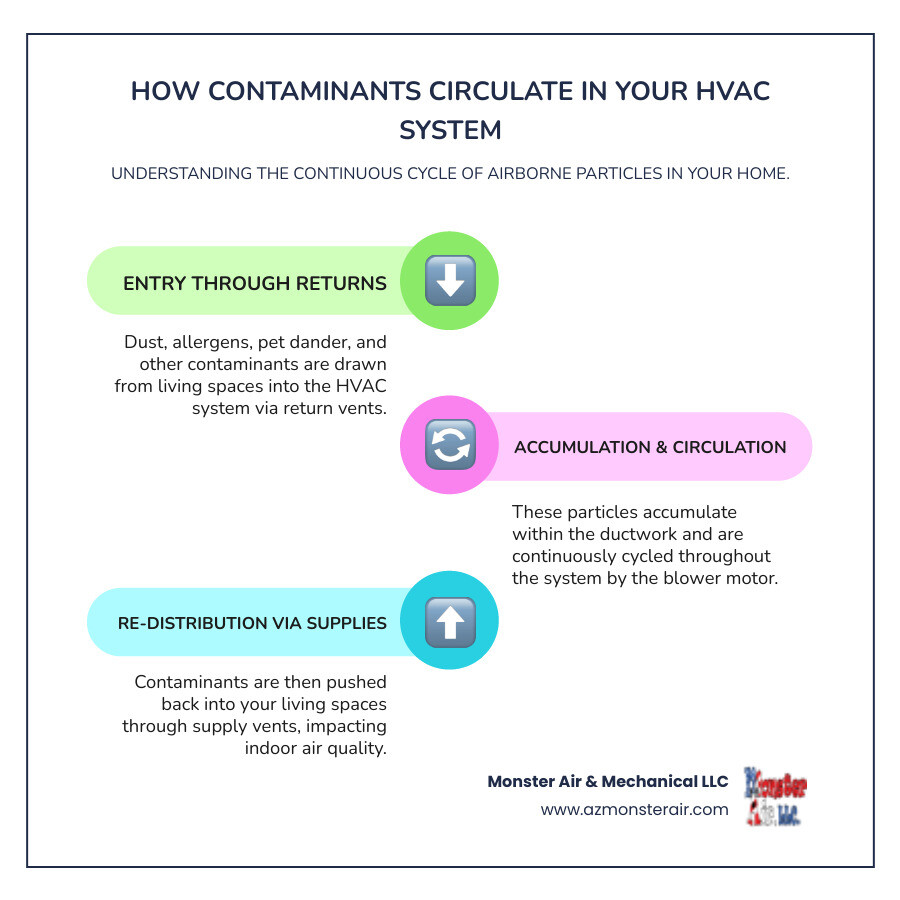 infographic showing how dust, allergens, pet dander, and other contaminants enter a home's HVAC system through return vents, accumulate in ductwork over time, and then recirculate throughout living spaces via supply vents, with arrows indicating the continuous air circulation cycle - hvac ductwork cleaning infographic infographic-line-3-steps-colors infographic showing how dust, allergens, pet dander, and other contaminants enter a home's HVAC system through return vents, accumulate in ductwork over time, and then recirculate throughout living spaces via supply vents, with arrows indicating the continuous air circulation cycle - hvac ductwork cleaning infographic infographic-line-3-steps-colors