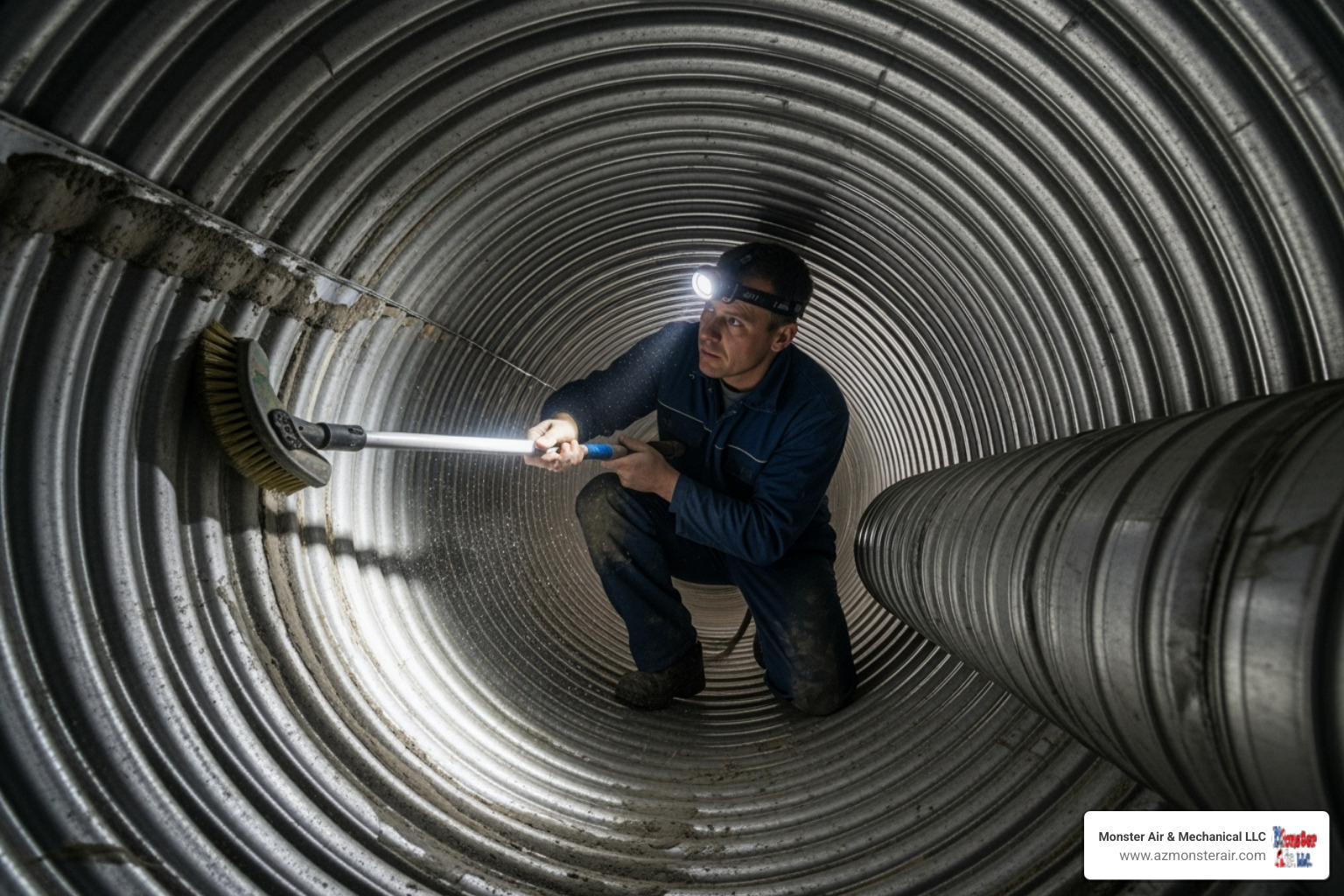 professional technician using a soft-bristle brush in a duct - cleaning flexible ductwork