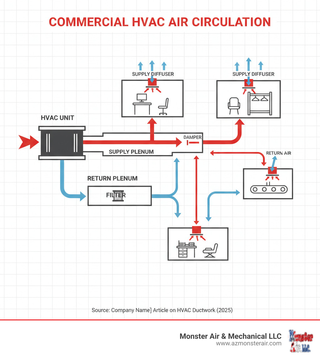Infographic showing the complete path of air circulation in commercial HVAC systems: conditioned air flowing from the HVAC unit through supply ducts to different building zones, then returning through return ducts back to the unit for filtering and reconditioning, with labels for key components like plenums, dampers, and diffusers - commercial hvac ductwork infographic 