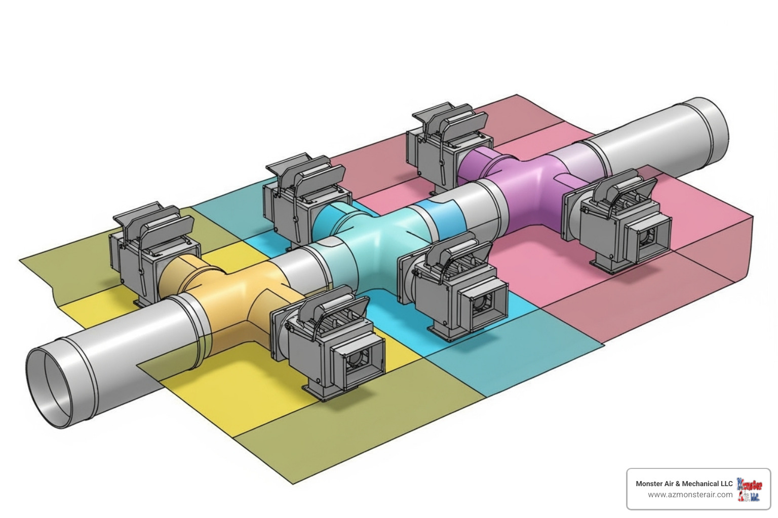 A diagram illustrating a zoned HVAC system with dampers controlling airflow to different areas, highlighted with distinct color zones - commercial hvac ductwork