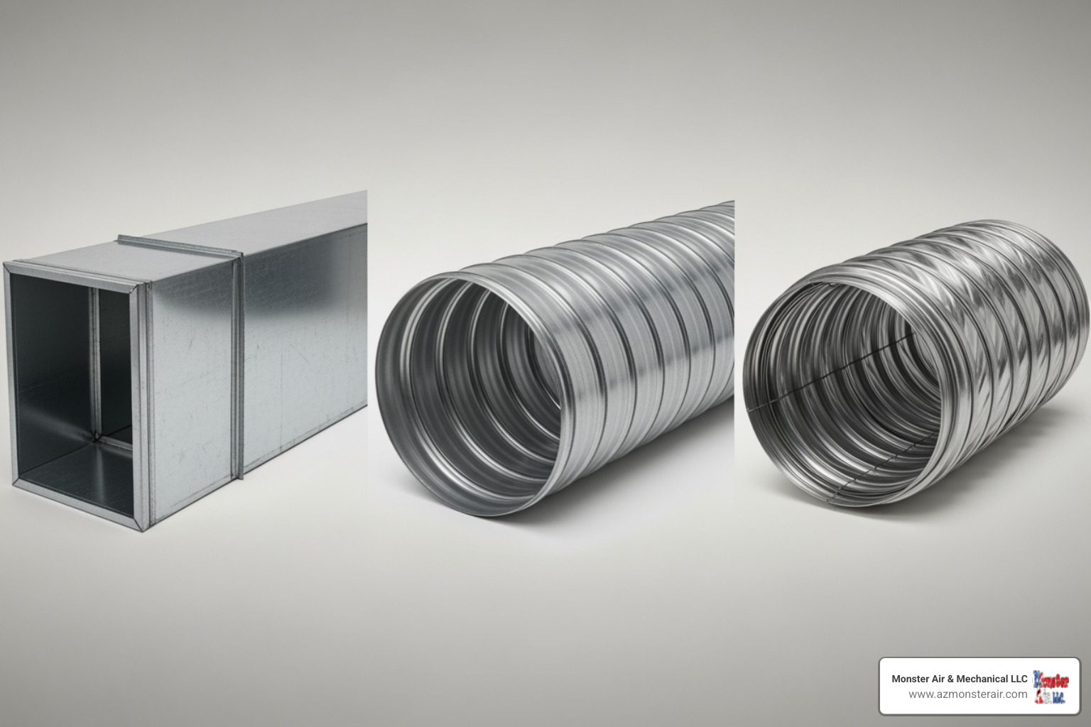 A side-by-side comparison of rectangular, round, and flexible ducts, showcasing their distinct shapes and materials - commercial hvac ductwork