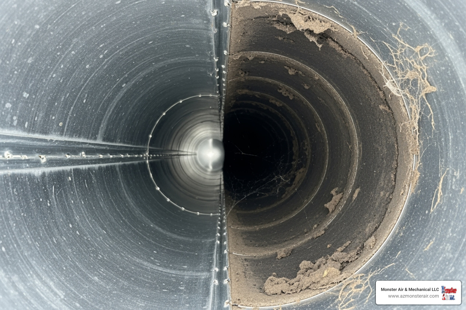 Side-by-side comparison of a clean and a dirty duct interior - furnace duct cleaning