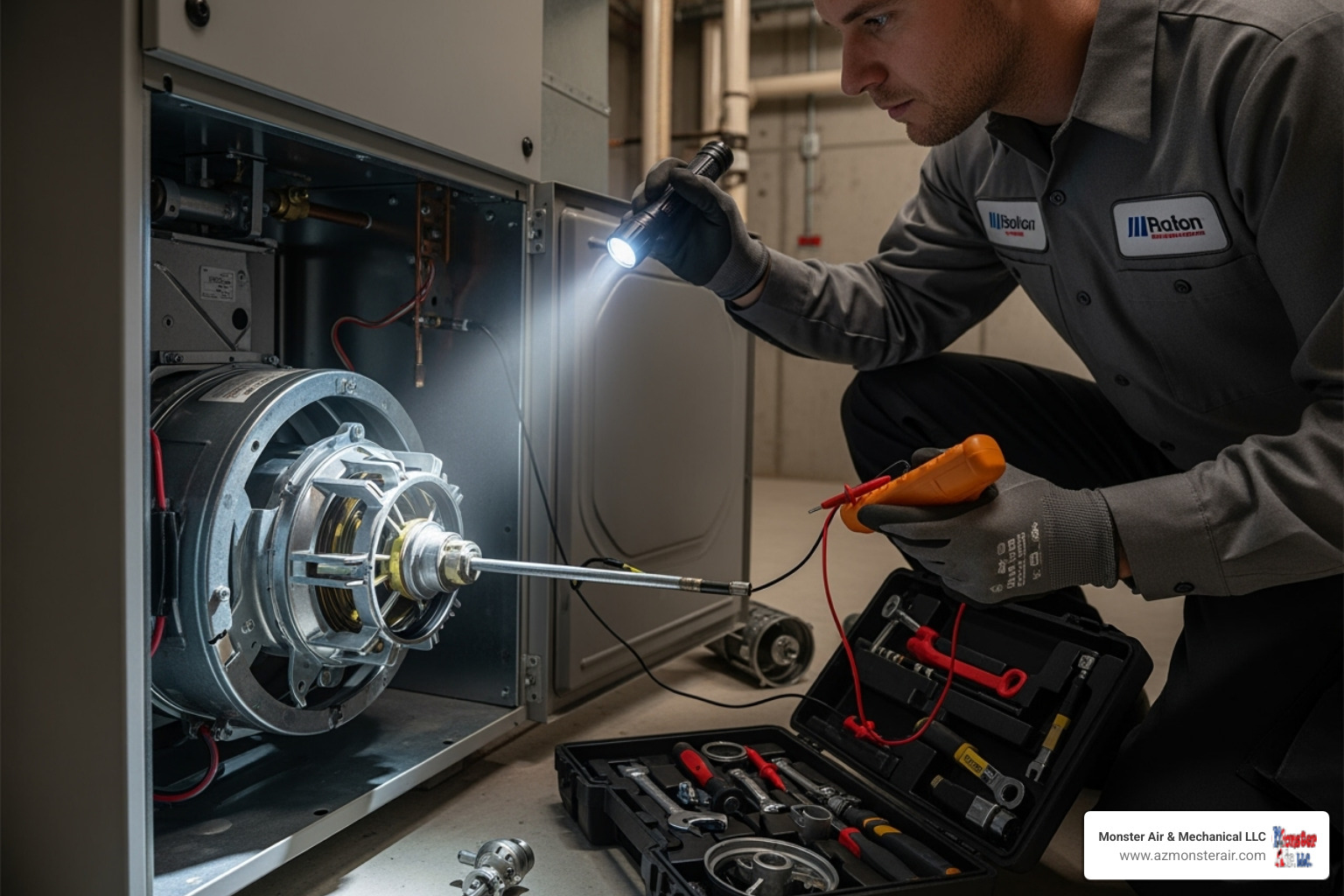 HVAC technician inspecting a furnace blower motor - furnace duct cleaning