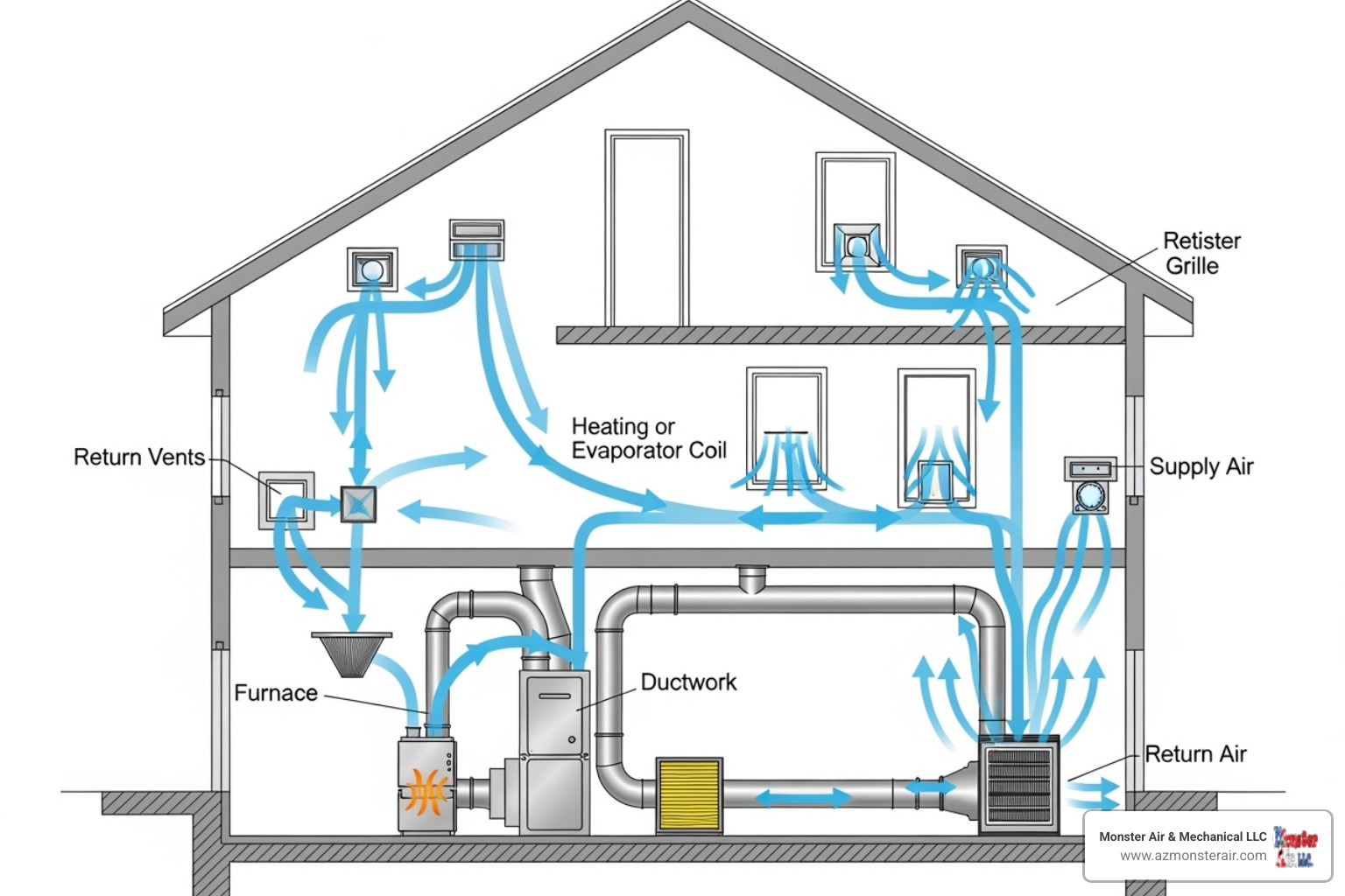 Diagram showing improved airflow in a clean HVAC system. - gas furnace cleaning near me Diagram showing improved airflow in a clean HVAC system. - gas furnace cleaning near me