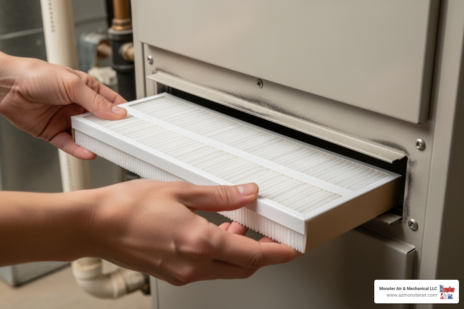 Homeowner easily sliding a new, clean filter into a furnace. - gas furnace cleaning near me Homeowner easily sliding a new, clean filter into a furnace. - gas furnace cleaning near me