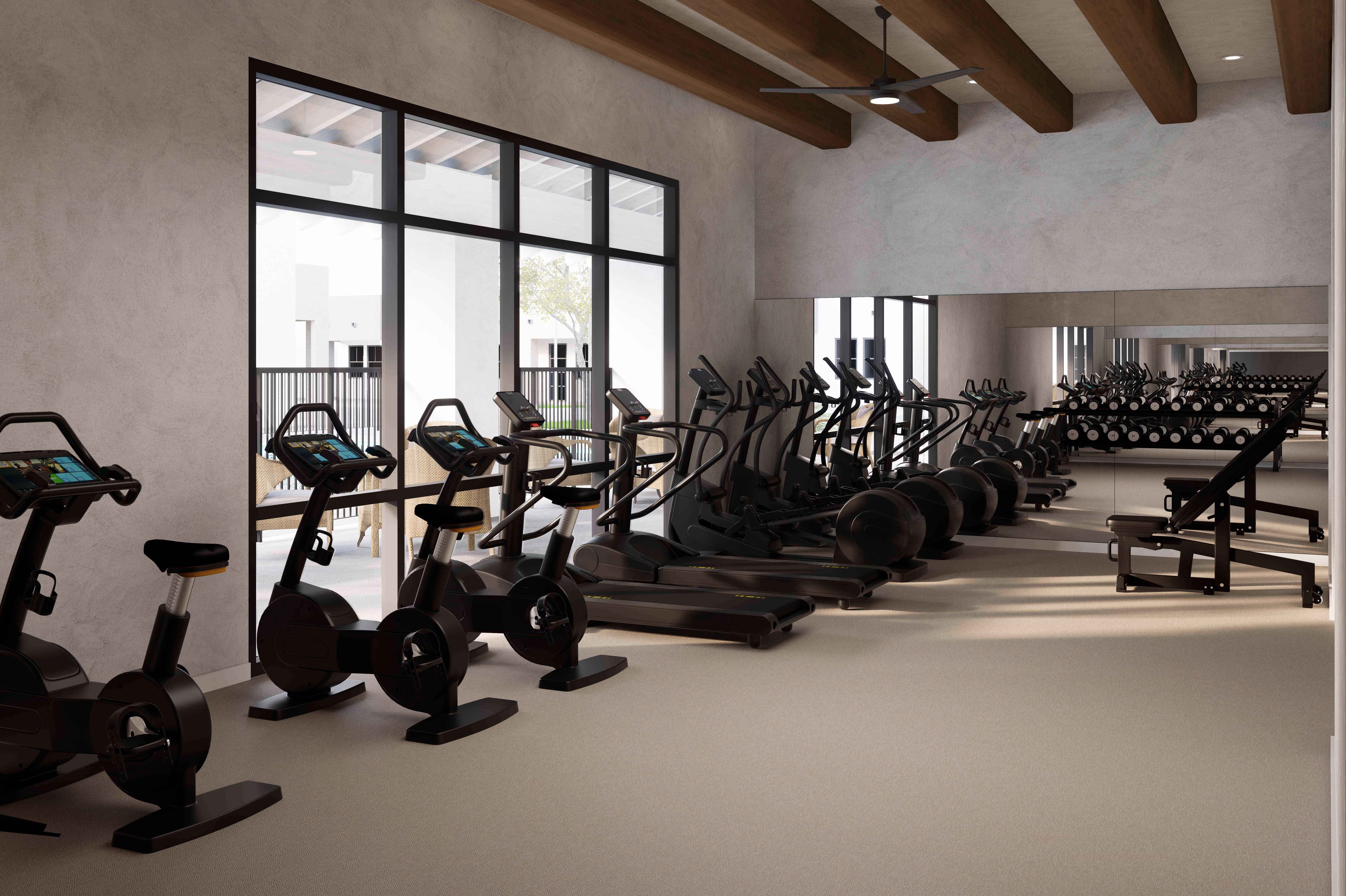 3D Rendering of Gym with stationary bikes and treadmills
