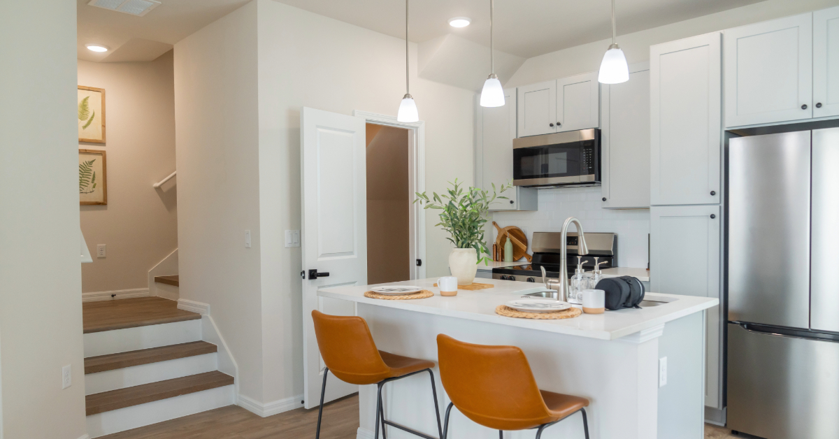3D Rendering of furnished living area with view of kitchen